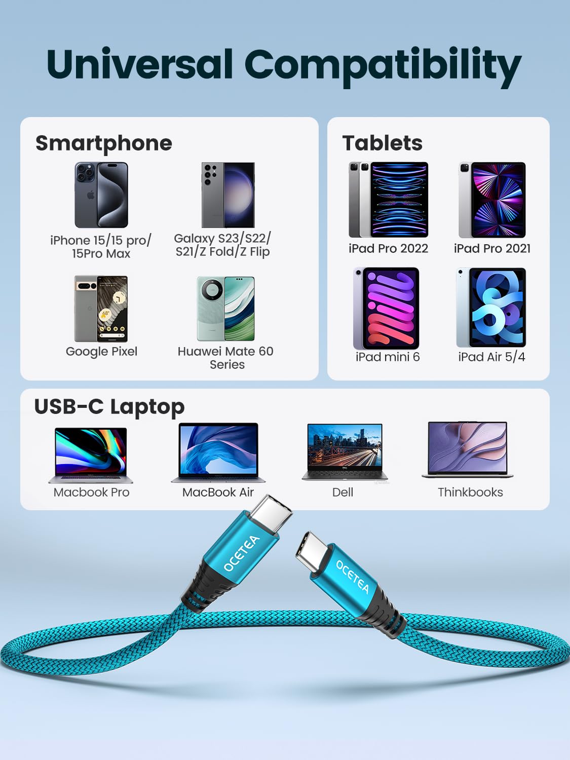 Ocetea USB C to C Fast Charger Cable 3.1A - Compatible with iPhone 15/15 Pro/15 Pro Max, MacBook Pro, iPad Pro, Galaxy S24/S23 Ultra, Pixel - 2-Pack 1M - Perfect for Home, Office & Travel Charging