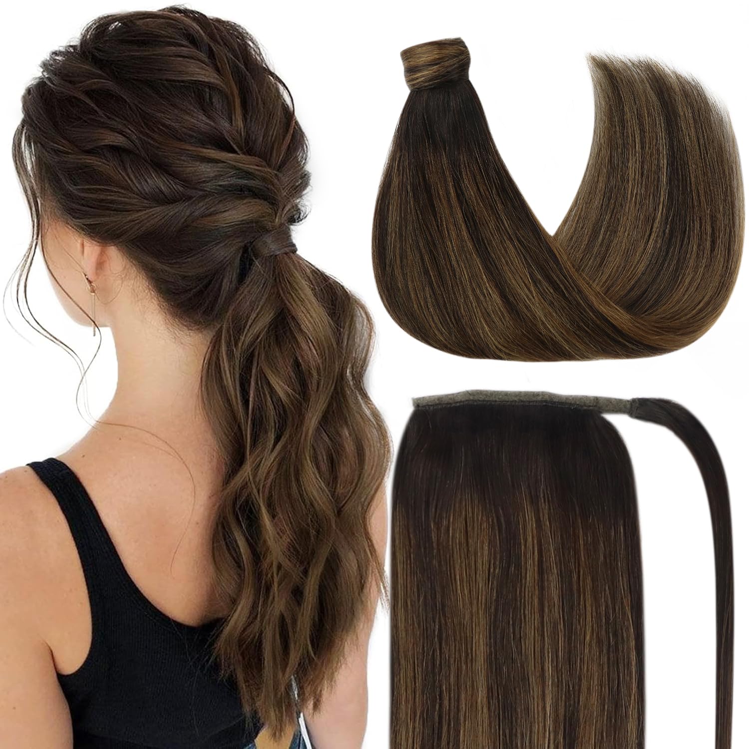 Ve Sunny 22inch Long Ponytail Hair Extensions - 100% Real Human Hair in Dark Brown Ombre & Medium Brown Shades - Comfortable Clip-in Ponytail for Women (80g) | Perfect for Parties, Weddings & Everyday Styling