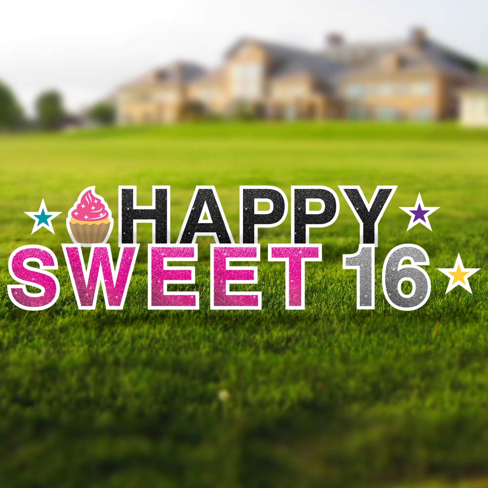 Happy Sweet 16 Birthday Yard Sign with Stakes - 18in Tall Durable Coroplast Letters - Weather-Resistant Outdoor Decoration for Teen Parties, Backyard Celebrations & Milestone Events