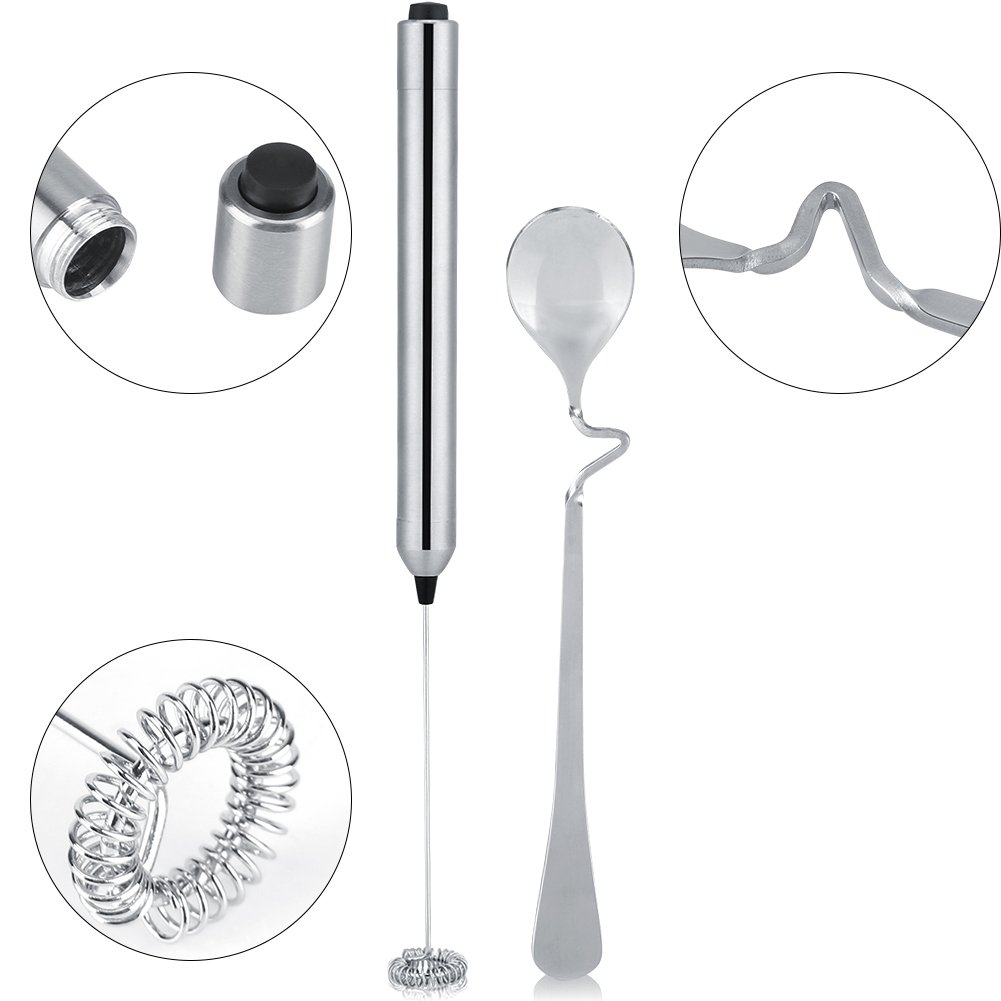 Premium Stainless Steel Electric Milk Frother - Handheld Battery-Operated Coffee Frother with Spoon for Lattes, Cappuccinos & Hot Chocolate | Perfect for Home, Office & Coffee Shops