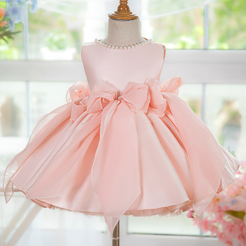 Elegant Baby Pink Sleeveless Bow Puff Dress for Toddlers - Girls' Party Dresses for Birthday, Photo Shoots & Special Occasions
