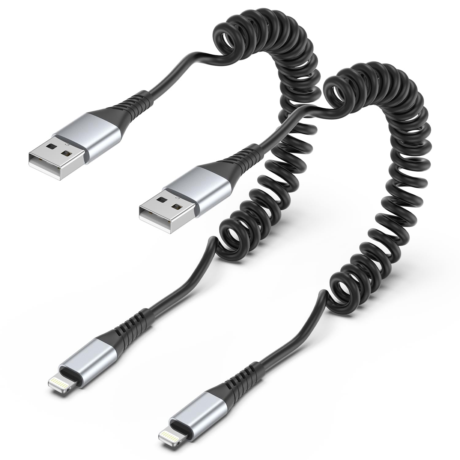 2 Pack Retractable Coiled Lightning Cable for iPhone - 3ft Short Car Charger Compatible with iPhone 14/13/12/11/Pro Max/Mini/X/8 Plus/XR/SE & AirPods - Perfect for CarPlay, Travel & On-the-Go Charging
