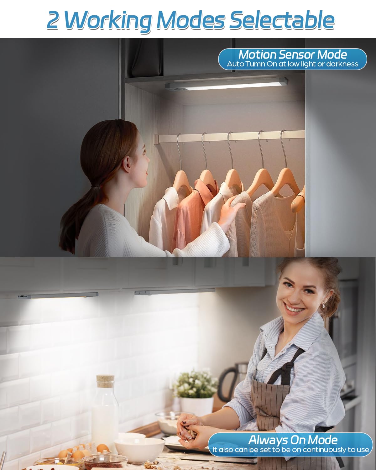 HIBOITEC Rechargeable Under Cabinet Lighting - 50 LED Dimmable Wireless Motion Sensor Lights for Kitchen, Pantry & Closet (2 Pack, Cool White, 10 Inch) - Perfect for Nighttime Kitchen Tasks, Dark Closets & Pantry Organization