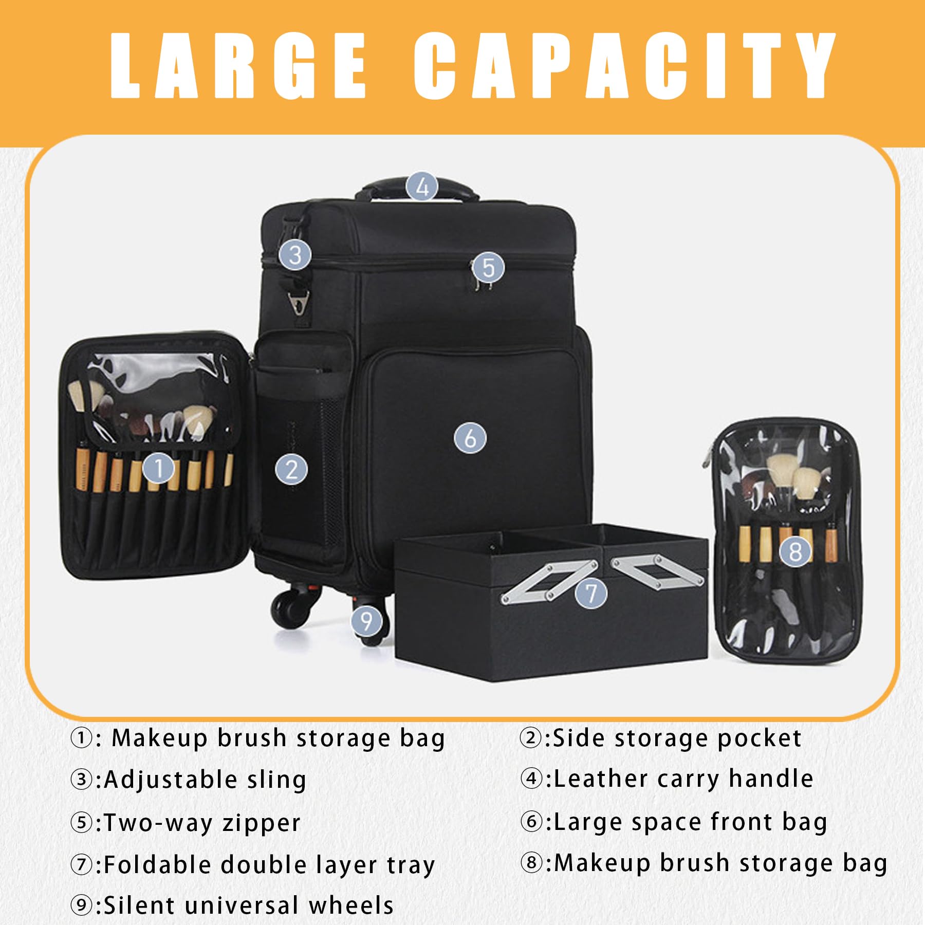 Professional Rolling Makeup Case with 2 Trays & 4 Silent Wheels - Portable Makeup Organizer for Hairstylists, Nail Salons & Beauty Professionals - Perfect for Travel, Salon Storage & Mobile Makeup Services (Black)