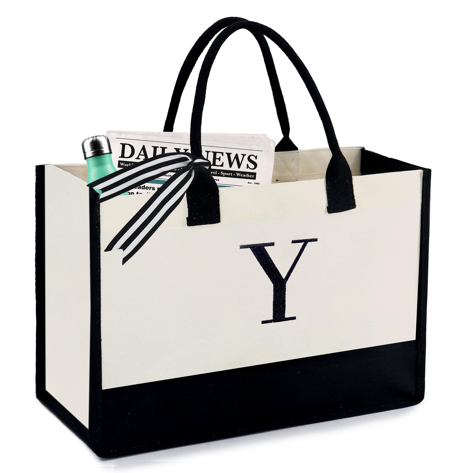 BeeGreen Personalized Initial Tote Bag for Women - 13oz Canvas Gift with Pocket - Birthday Present for Sister, Mom, Friends & Teacher - Perfect for Shopping, Work, Travel & Daily Use