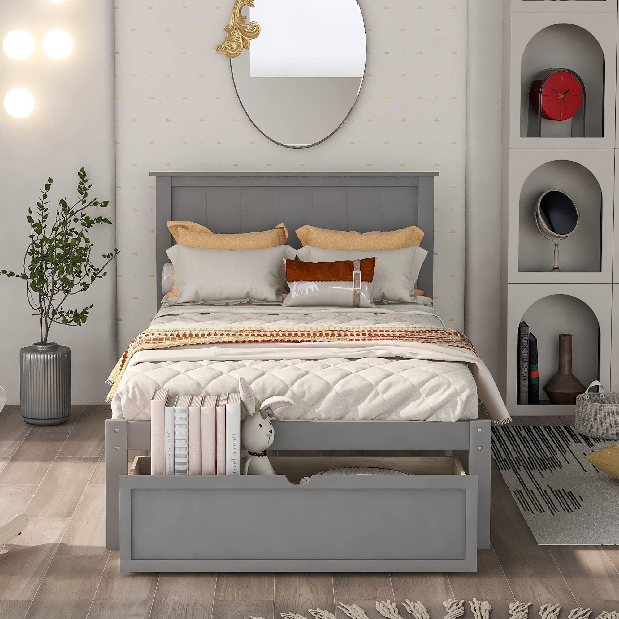 Platform Twin Size Bed Frame with Storage Drawer & Headboard - Solid Wood Platform Bed with Wooden Slat Support - No Box Spring Needed - Perfect for Kids Bedroom, Guest Room or Small Spaces (Gray)