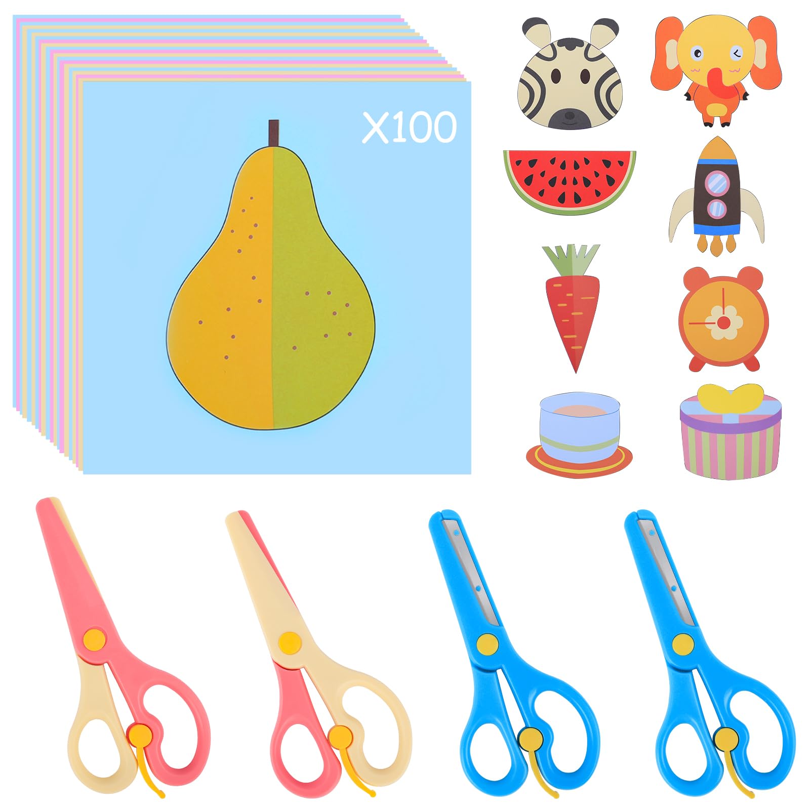 UCEC 104-Piece Toddler Safety Scissors Set for Kids Ages 2-4 - 2 Plastic Scissors + 2 Preschool Training Scissors + 100 Paper Sheets - Perfect for Early Childhood Development, Classroom Activities & Back to School Supplies