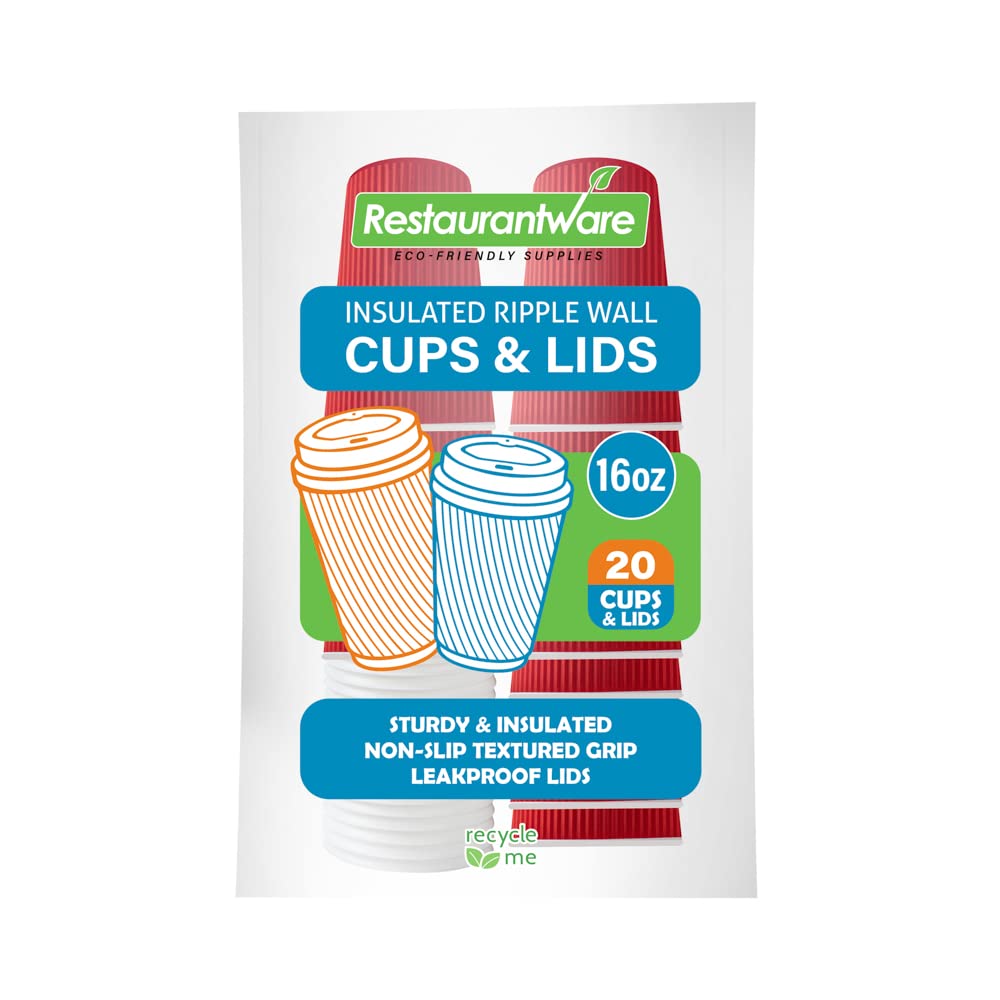 16oz Insulated Coffee Cups with Lids - 20 Pack Leakproof Ripple Wall Hot Cups | Disposable Red Paper Coffee Mugs for Tea, Hot Cocoa & Lattes | Perfect for Restaurants, Cafes & Office Break Rooms