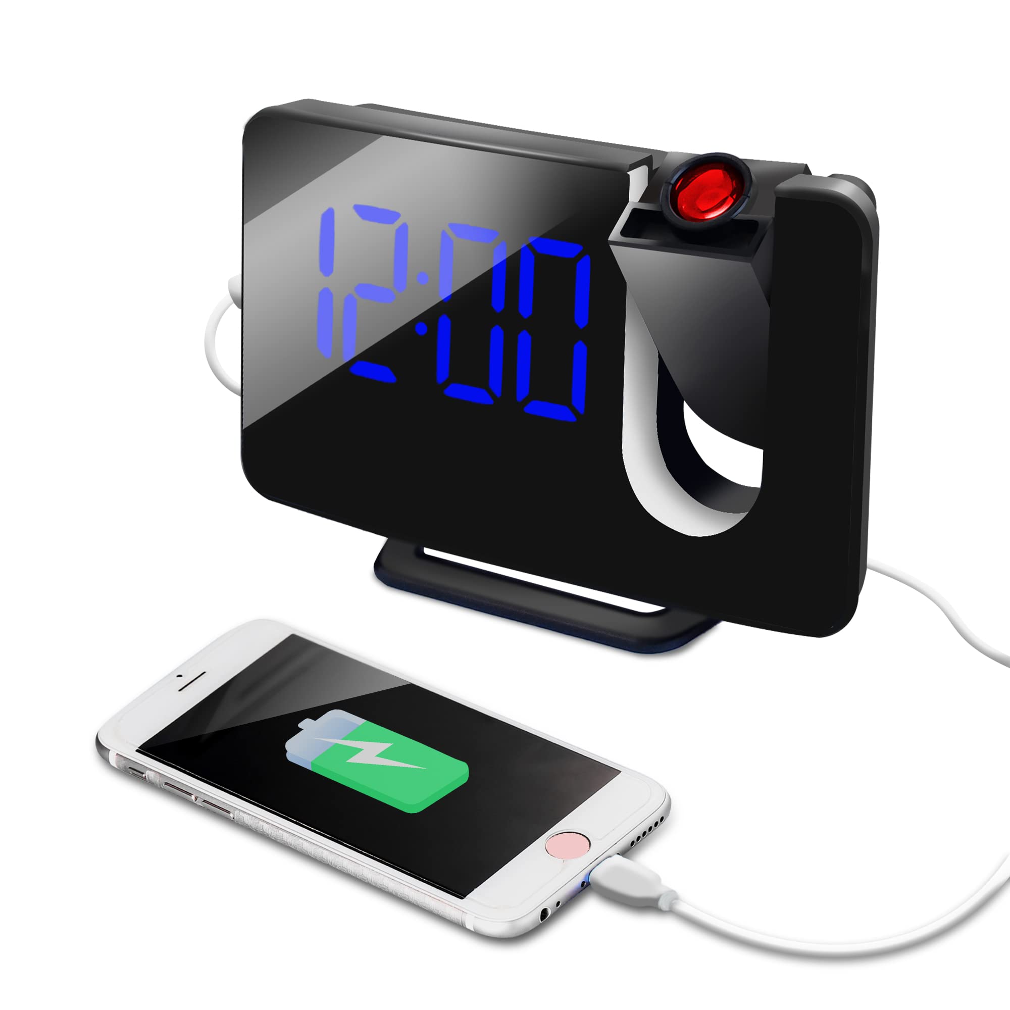 ASNUG Projection Alarm Clock with LED Display - 180° Adjustable Projector, USB Phone Charging, FM Radio, 3-Level Brightness & Dual Alarm for Bedroom, Bedside or Ceiling | Perfect for Nightstand, Home Office, Dorm Room & Travel