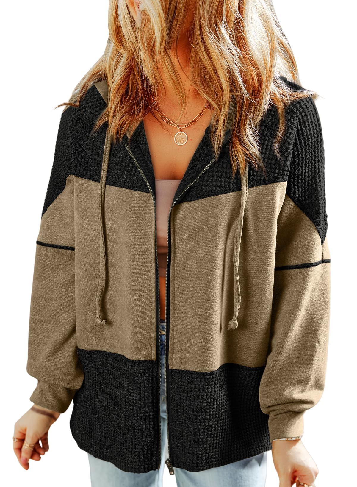 Dokotoo Women's Waffle Knit Zip Up Hoodie - Oversized Casual Jacket with Drawstring for Fall 2024 | Cozy Loungewear & Streetwear Outfits