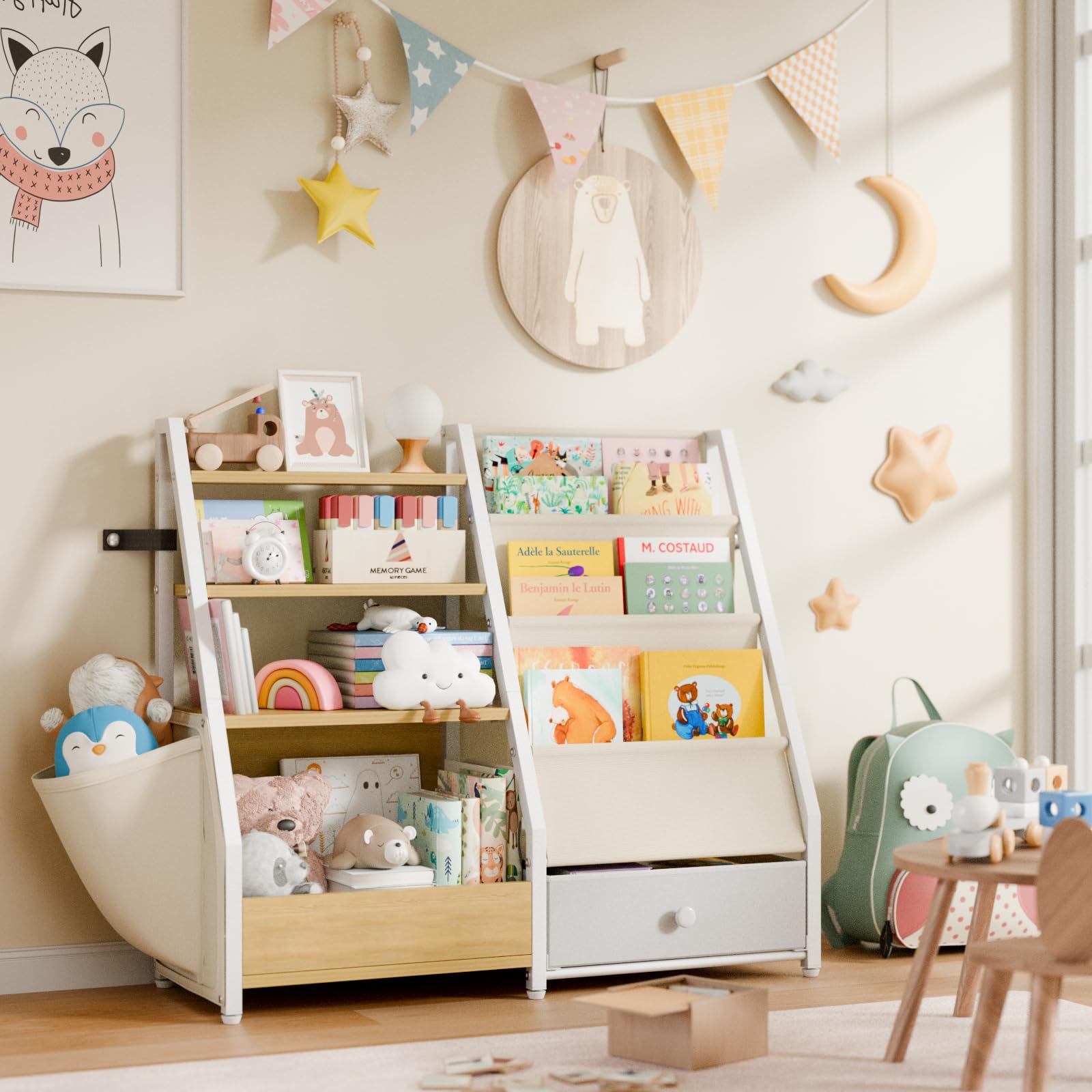 Kids Bookshelf and Toy Storage Organizer - White Wooden Bookcase for Nursery, Toddler Room & Montessori Playroom - Perfect for Organizing Books, Toys & Learning Materials