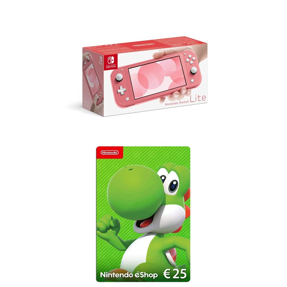 Nintendo Switch Lite Coral Console with 25 EUR eShop Gift Card - Portable Gaming for Travel, Commute & Home Entertainment