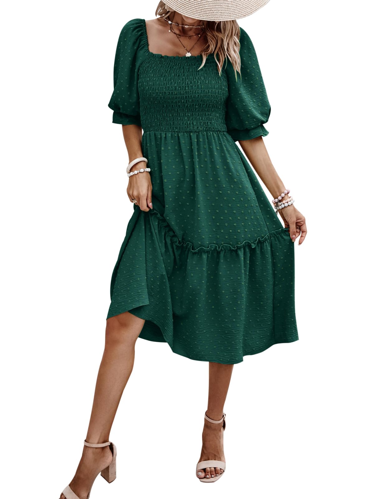 PRETTYGARDEN Women's Summer Casual Dress 2025 - Puff Sleeve Square Neck A-line Flowy Boho Floral Smocked Midi Dress for Beach Vacation, Garden Party & Date Night