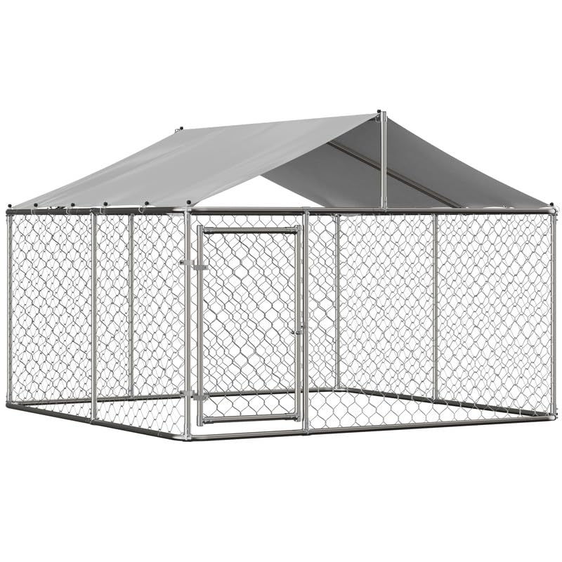 Heavy Duty 10x10x6ft Galvanized Steel Outdoor Dog Kennel - Chain Link Dog Run Playpen with UV & Waterproof Cover & Secure Lock - Durable Puppy Exercise Pen for Backyard, Garden & Pet Safety