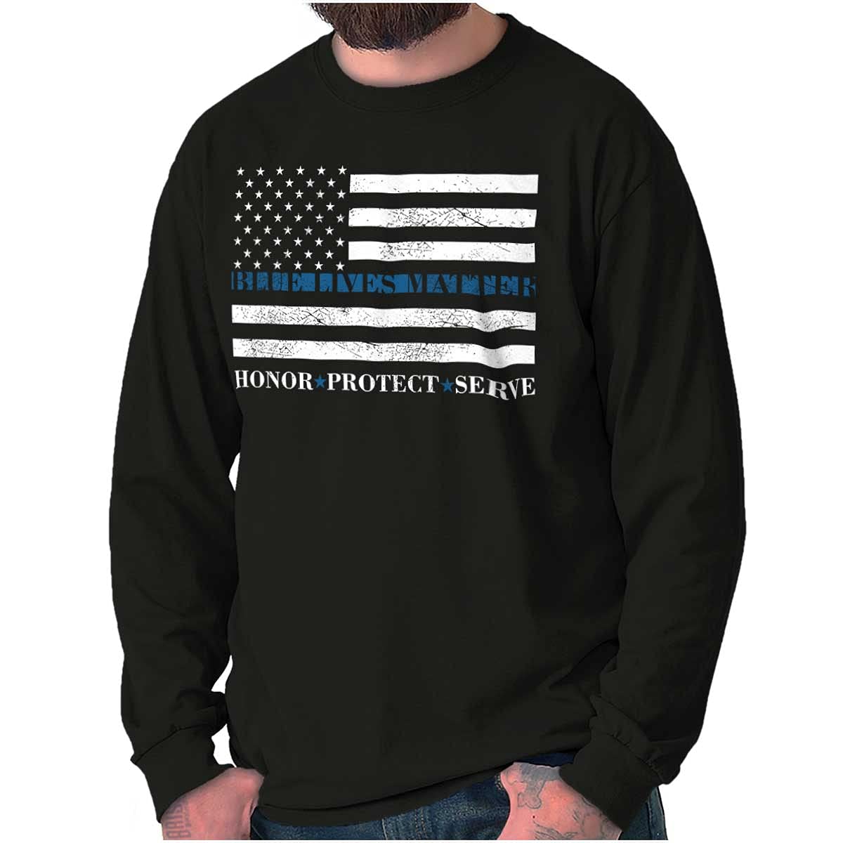 Brisco Brands Blue Line US Flag Honor Protect Serve Long Sleeve T-Shirt for Men & Women - Patriotic Police Support Shirt for Everyday Wear & Law Enforcement Appreciation