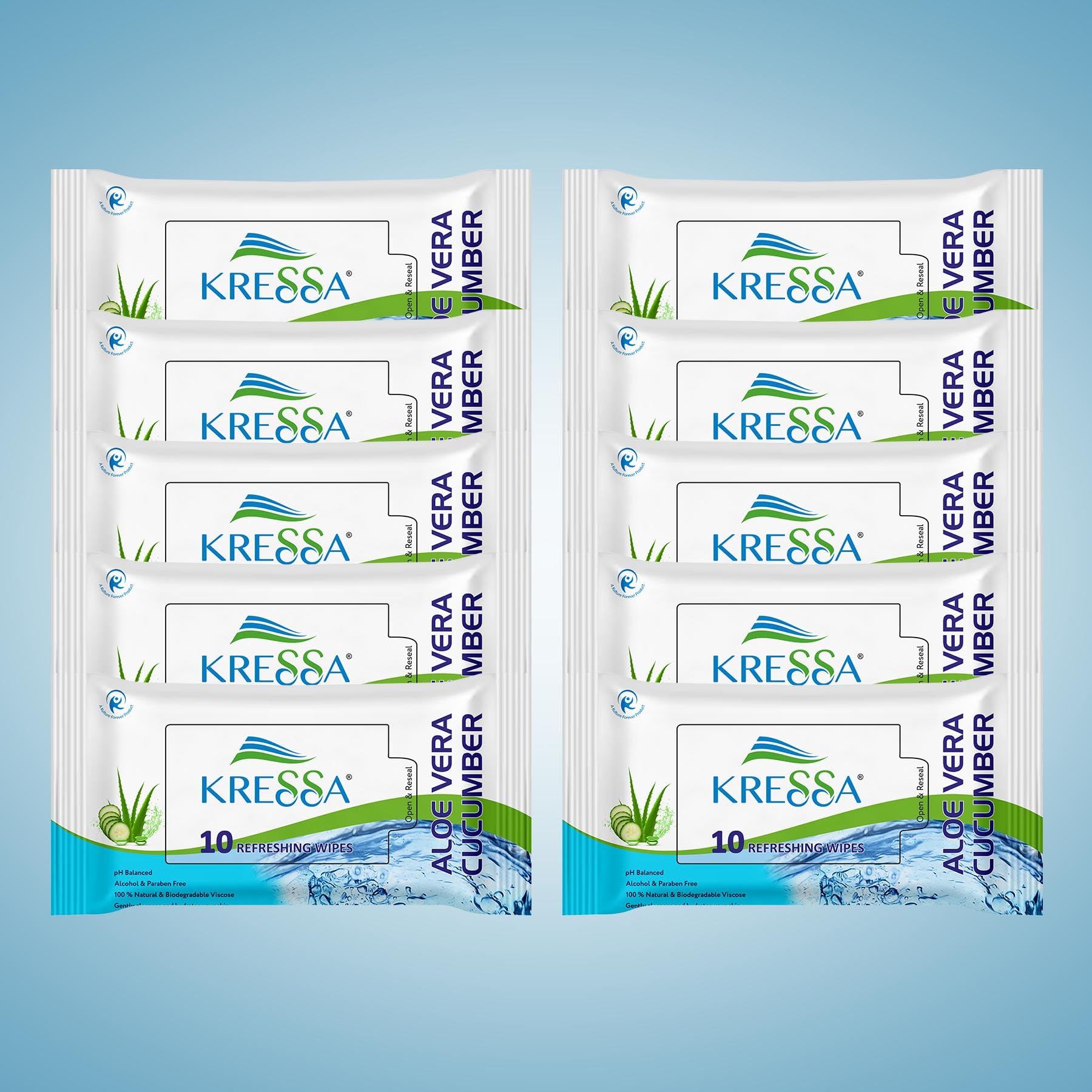 Kressa Aloe Vera & Cucumber Refreshing Facial Cleansing Wipes - Natural Viscose Fiber, Hydrating, Paraben & Alcohol Free (10 Pack) | Gentle Makeup Remover, Post-Workout Refresh, Travel Skincare Essential