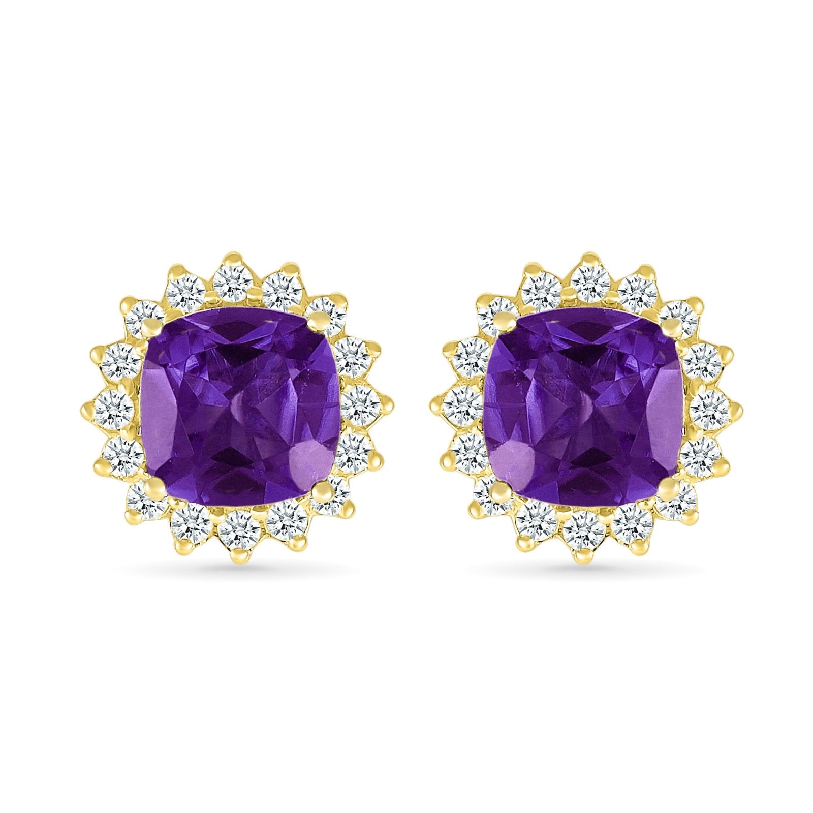 10K Yellow Gold Amethyst and Sapphire Halo Stud Earrings for Women - Elegant Purple Gemstone Jewelry for Daily Wear, Parties & Special Occasions
