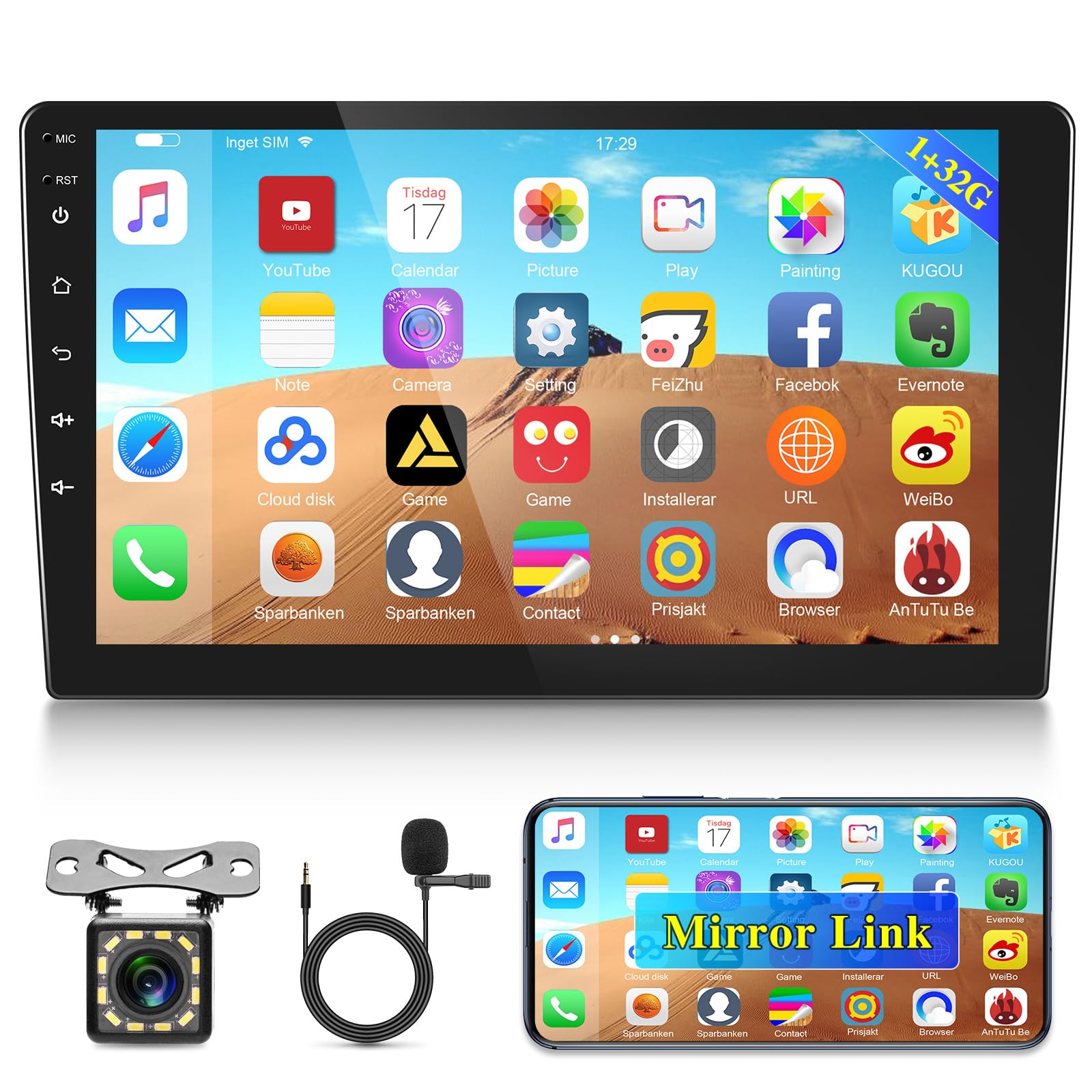 10.1 Inch Android Double Din Car Stereo - 1GB RAM 32GB ROM Touch Screen Car Radio with Wireless/Wired Mirror Link, 1080P HD, WiFi, Bluetooth, EQ, Steering Wheel Control + Backup Camera & MIC - Perfect for Car Audio Upgrade & Hands-Free Driving