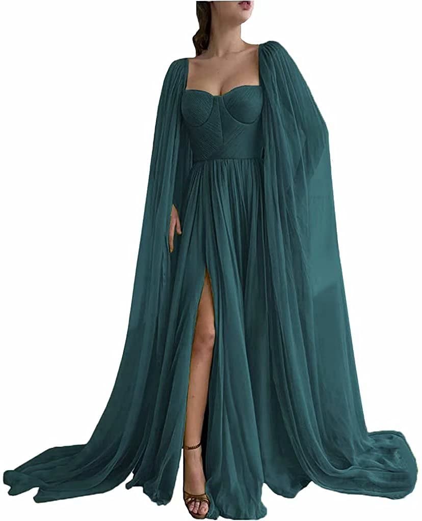Elegant JunytDing Women's Chiffon Prom Dress 2021 - Long Formal Evening Gown with Slit, Pleated Cape Sleeves & Pockets (LD0120) | Perfect for Homecoming, Wedding Guest & Special Occasions