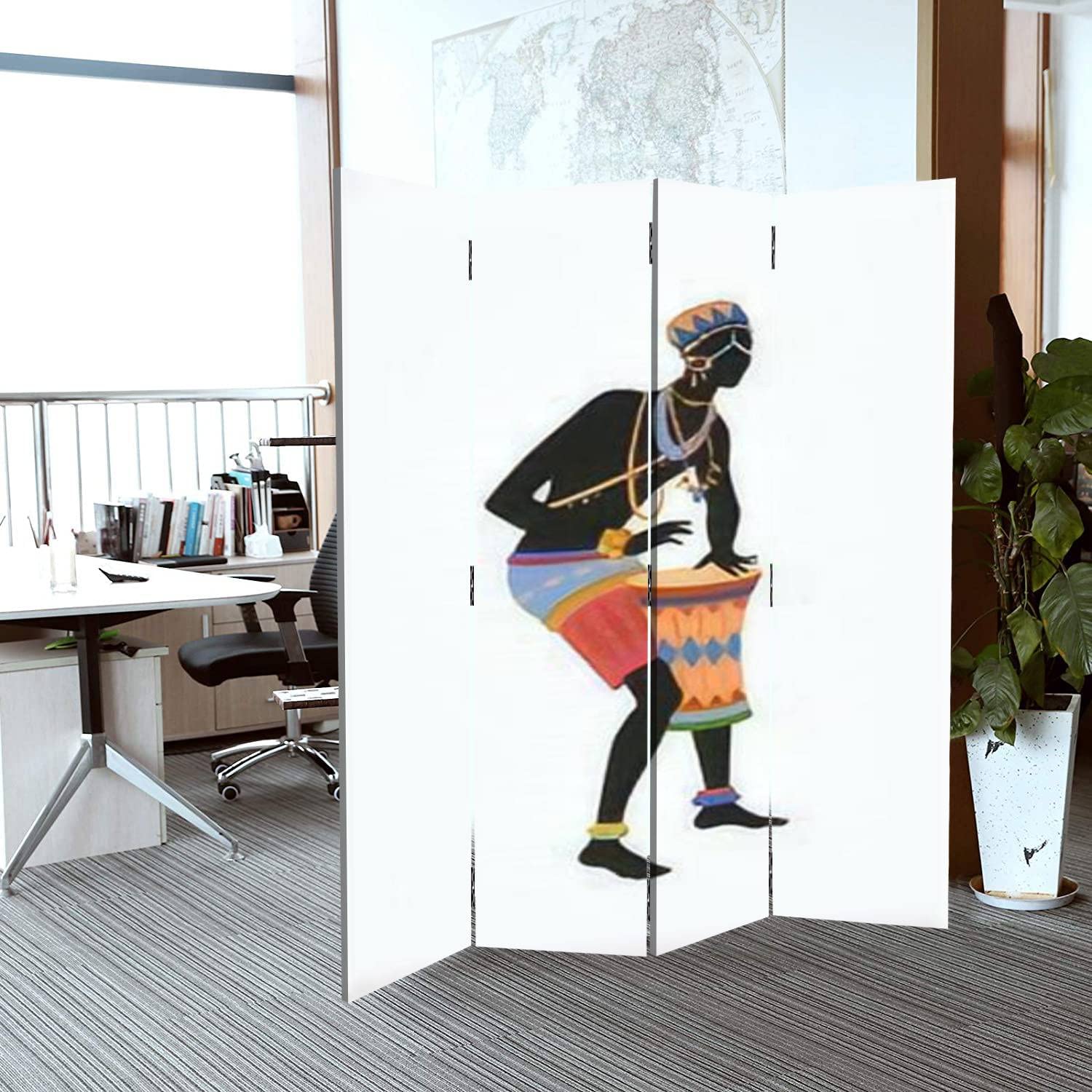 4 Panel Canvas Room Divider Screen - African Drummer in Vibrant National Costume, Folding Privacy Partition for Home & Office | Perfect for Living Room Separation, Bedroom Privacy, and Event Decoration