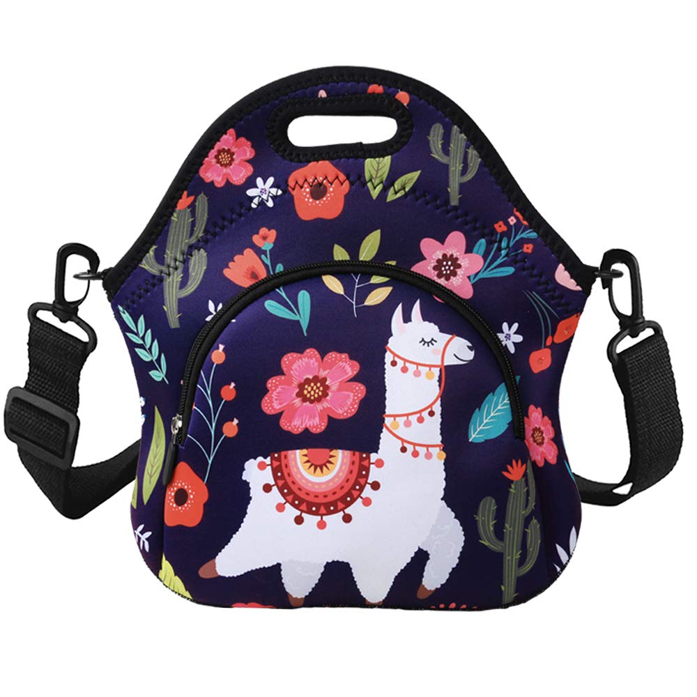 Violet Mist Flora Llama Insulated Lunch Bag for Women & Men - Large Neoprene Reusable Tote with Extra Pocket, Shoulder Strap - Perfect for Work, Nurse Shift, Picnic, Travel & Christmas Gifts