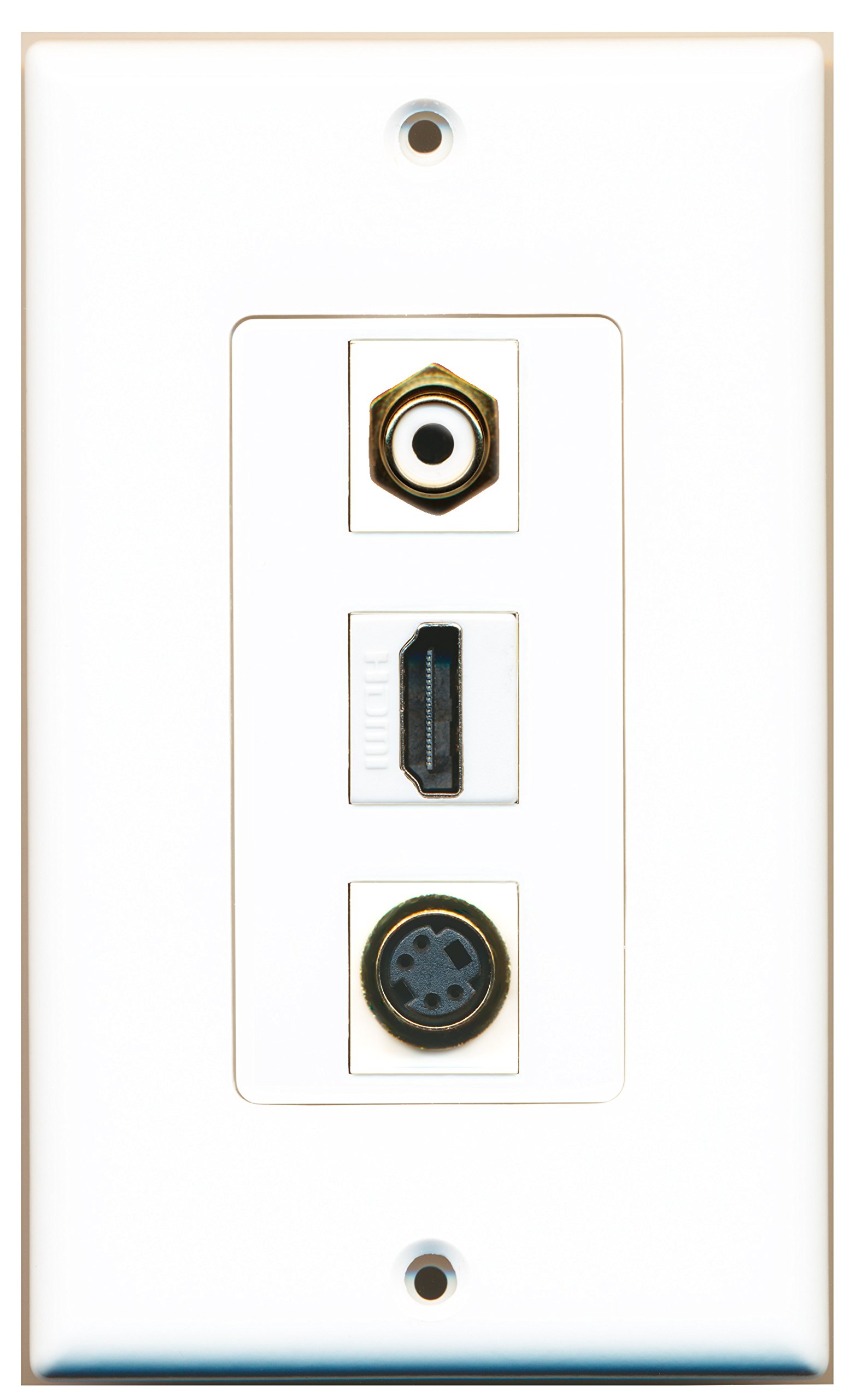 RiteAV 1 Port HDMI, 1 Port RCA, 1 Port S-Video Wall Plate - White Oversized Jumbo MIDI for Home Theater & Audio Video Installation