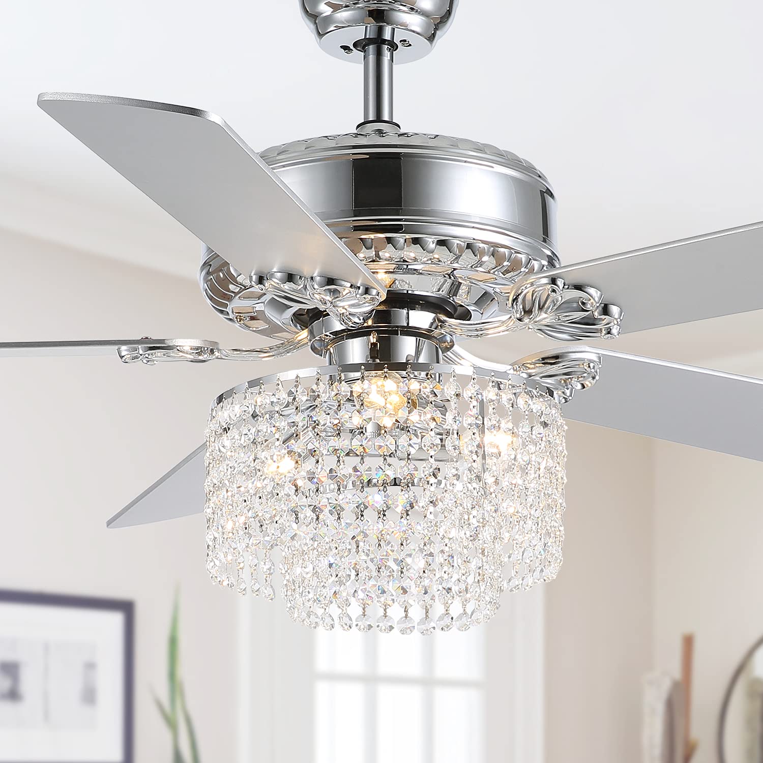 52 Inch Modern Reversible Ceiling Fan with Lights & Remote Control - Crystal Chandelier Fan for Bedroom, Dining Room & Living Room - Silver Finish - Energy Efficient LED Lighting for Home Decor & Air Circulation