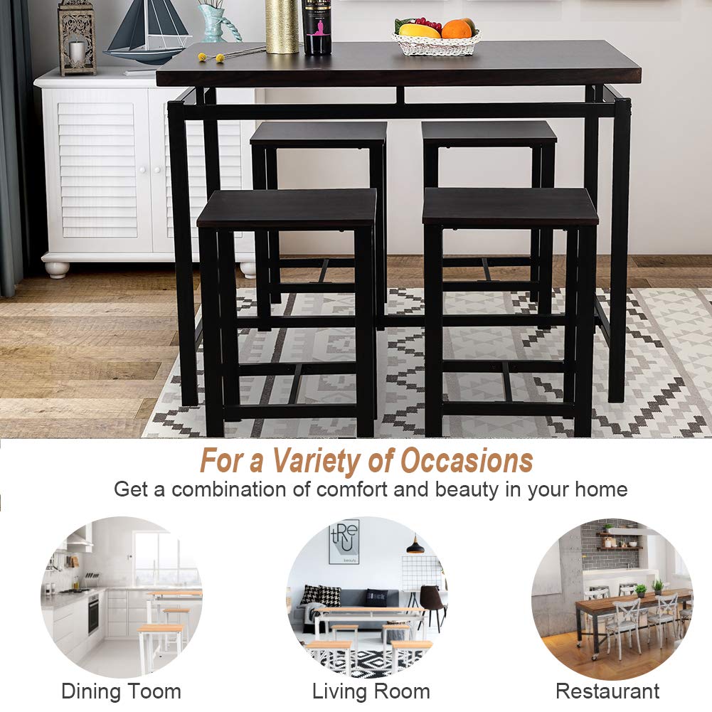 5-Piece Modern Black Counter Height Dining Table Set for 4 - Wood Pub Bar Table & Chairs - Kitchen & Dining Room Furniture for Small Spaces, Apartments, Breakfast Nooks & Compact Homes