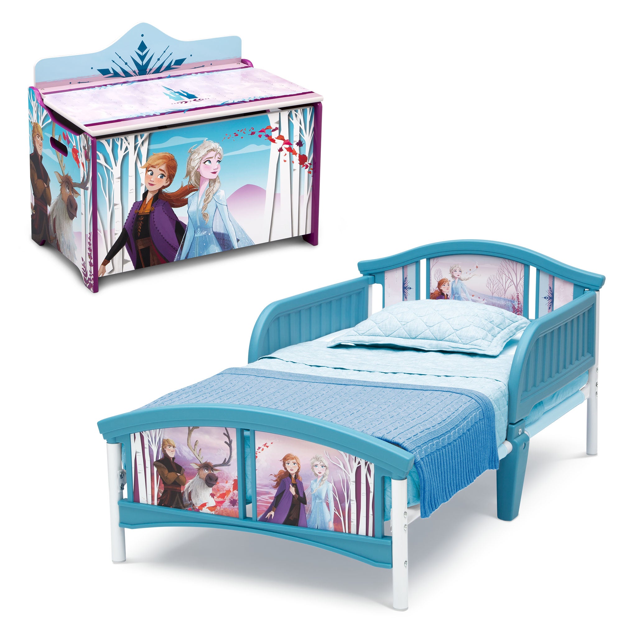 Disney Frozen 2-Piece Toddler Bedroom Set - Toddler Bed & Deluxe Toy Box for Girls | Princess Themed Nursery Decor | Perfect for Disney Fans' Bedroom Makeover