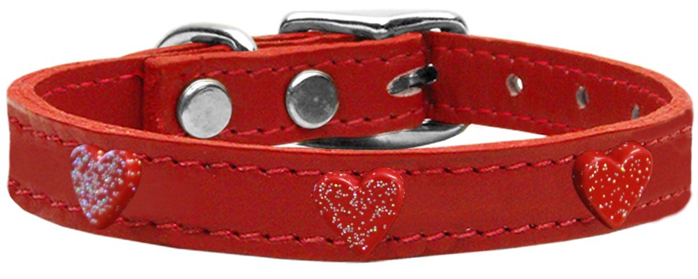 PETPAL Red Glitter Heart Design Genuine Leather Dog Collar for Small Dogs - Size 20