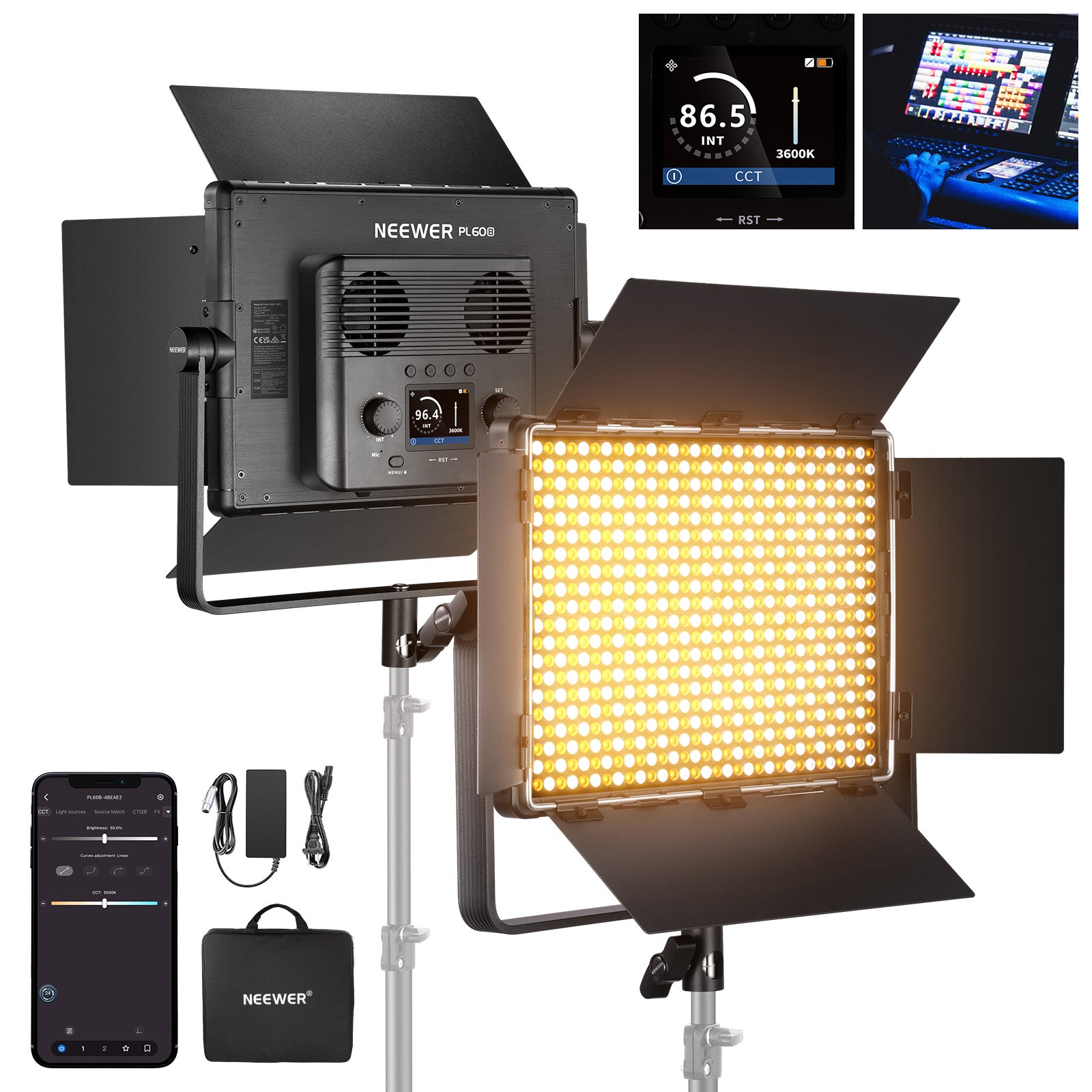 NEEWER PL60B Bi-Color LED Video Light Panel - 5600K & 3200K Adjustable, Dimmable Continuous Lighting for Photography, YouTube, Studio, Live Streaming & Video Production