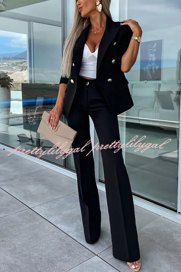 Stylish Women's Lapel Button Pocket Long Sleeve Blazer with Elastic Waist Pants Suit Set - Perfect for Office Wear, Business Meetings, and Formal Occasions