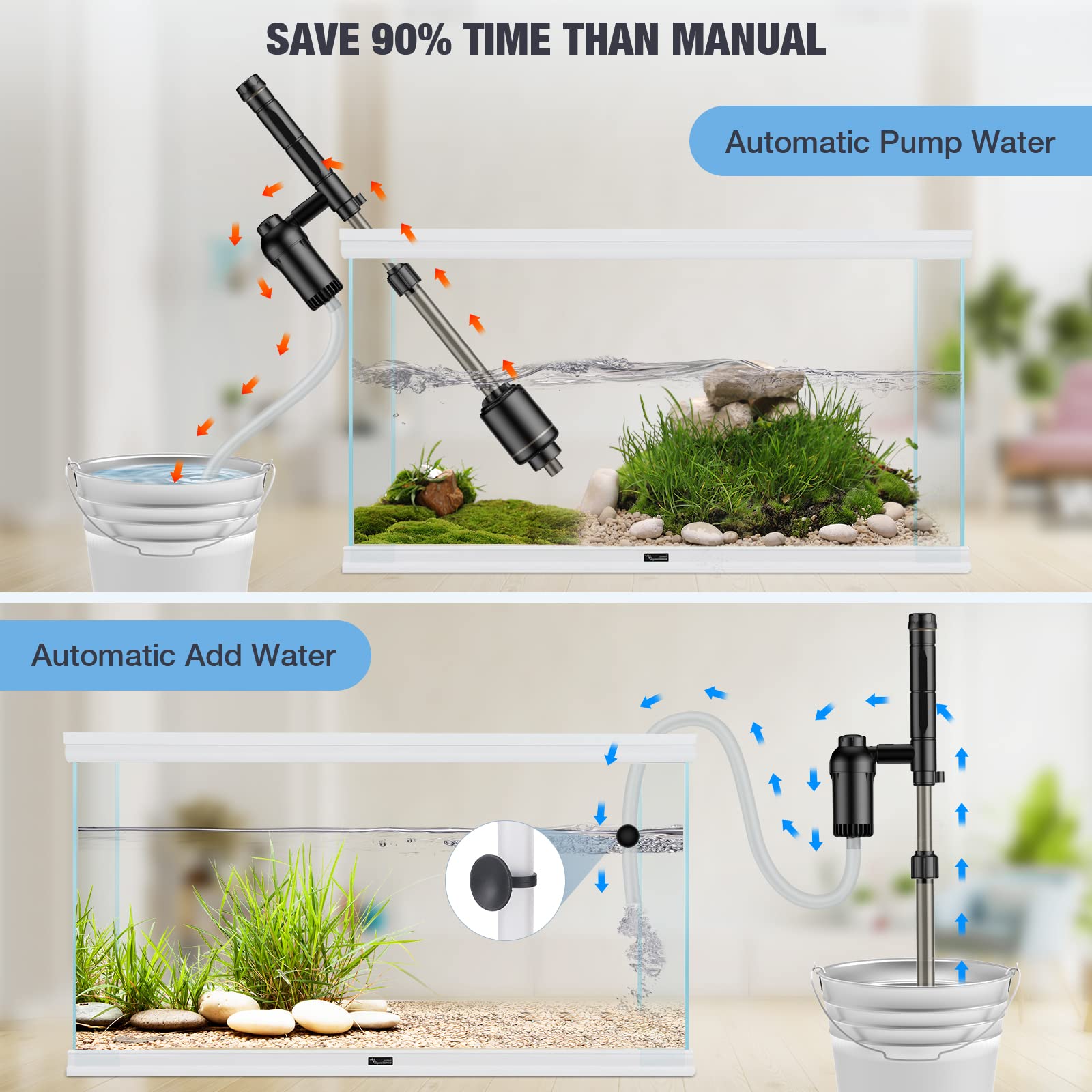 **AKKEE 6-in-1 Aquarium Gravel Cleaner – 18W Powerful Fish Tank Vacuum, Water Changer, Sand Washer & Filter Pump – IP68 Waterproof (Black) – Ideal for Freshwater & Saltwater Tank Maintenance**