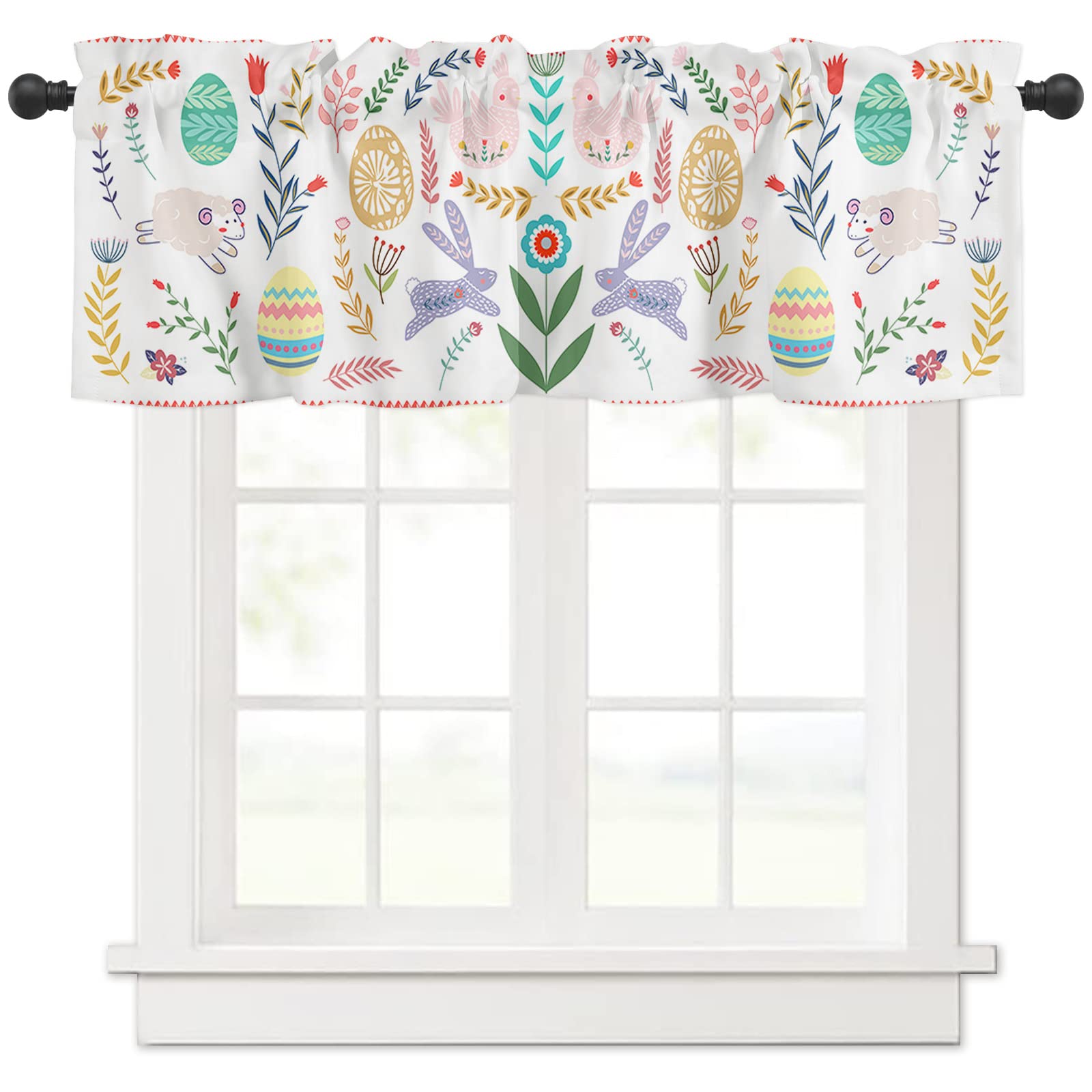 Easter Bunny Curtains for Kitchen & Bedroom - Washable Floral Valance (54x18 Inch) - Spring Home Decor