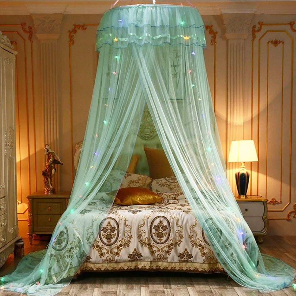 Elegant Round Dome Bed Canopy with LED Lights - Mosquito Net Curtain for Queen/King Beds, Breathable Mesh Bed Tent in Green - Perfect for Bedroom Decor, Romantic Nights & Outdoor Camping