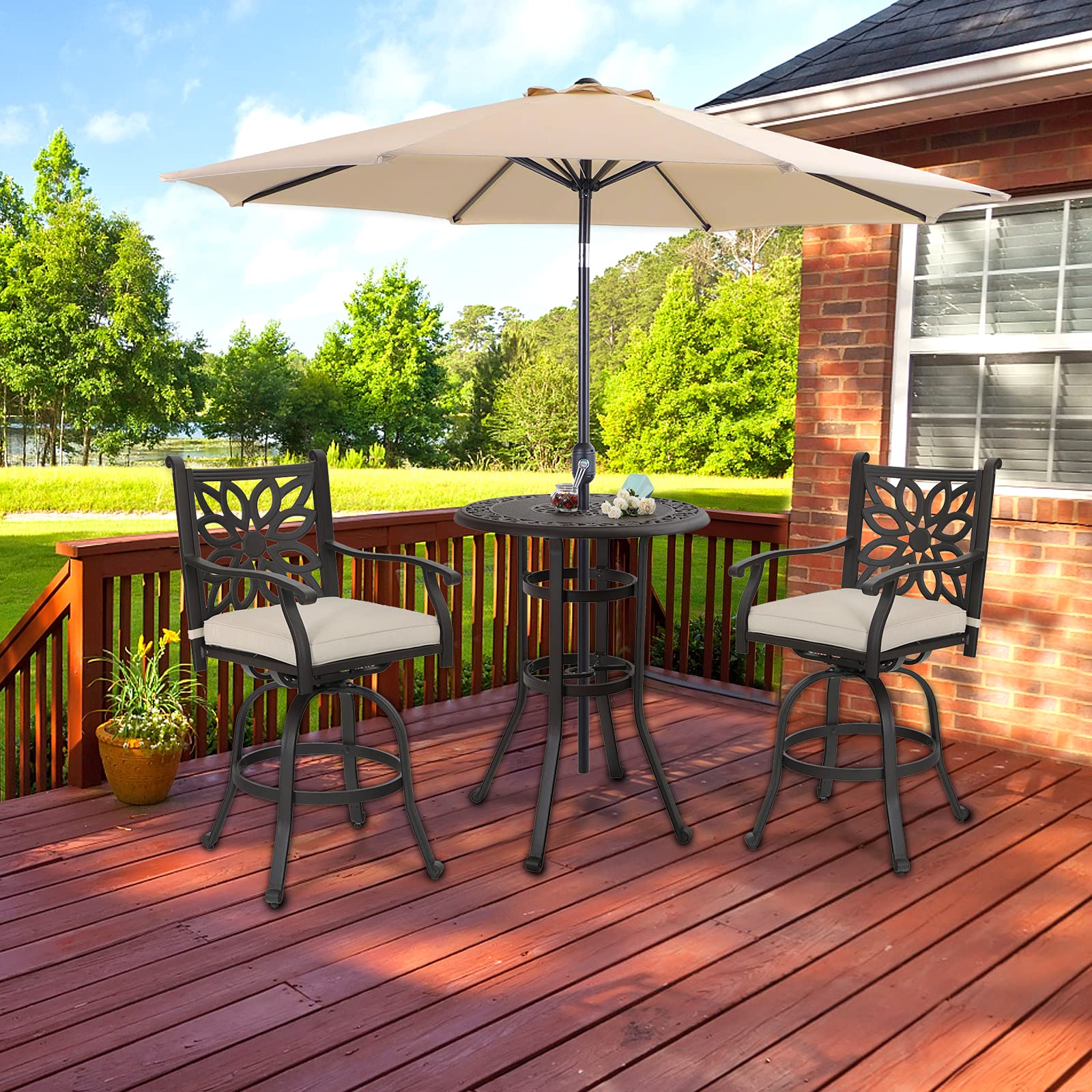 MFSTUDIO 32 Inch Round Cast Aluminum Bar Height Patio Table - 42 Inch Tall Outdoor Dining Table with 1.75 Inch Umbrella Hole - Perfect for Bistro, Backyard, Poolside, Garden, Deck - Rust-Resistant & Weatherproof (Brown)