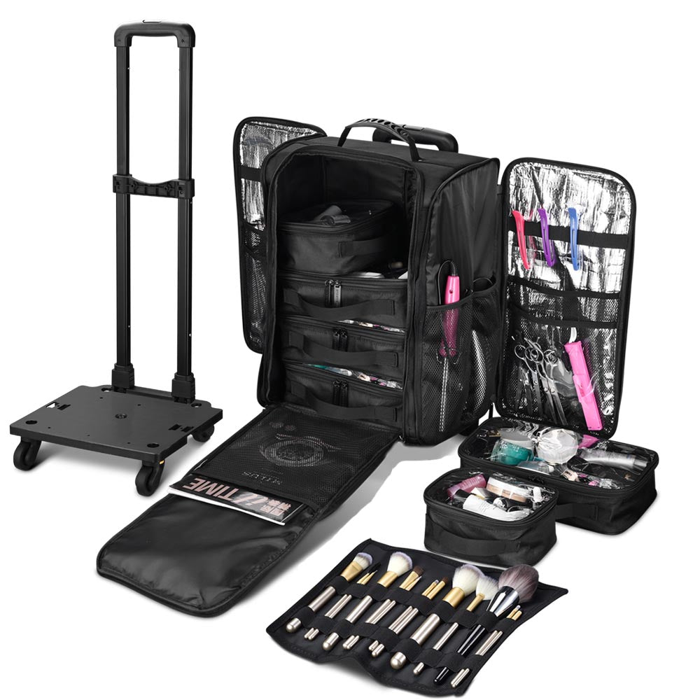 TheLAShop Rolling Makeup Case with 5 Compartments | Foldable & Removable Cosmetic Trolley Organizer | Perfect for Travel, Salon & Professional Makeup Artists