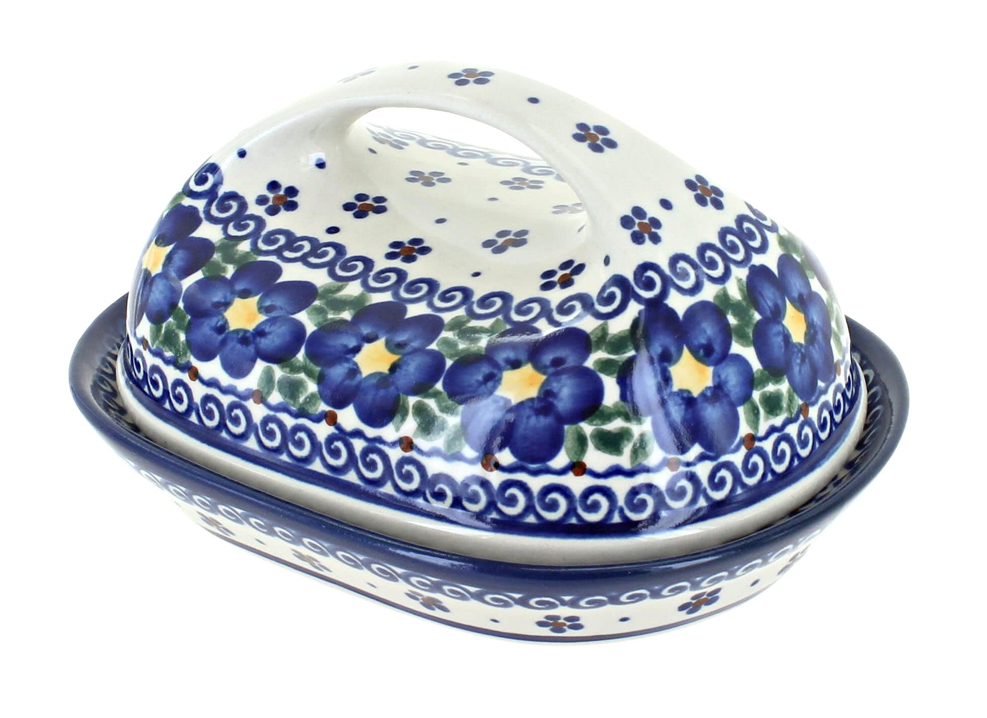 Blue Rose Polish Pottery Butter Dish with Spring Blossom Design - Elegant Butter Keeper for Dining Table, Kitchen Decor, and Gift Giving