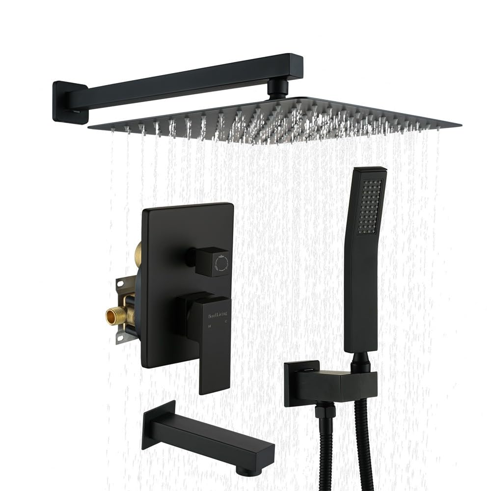 Premium 12 Inch Rainfall Shower System - High Pressure Matte Black Shower Head with 3 Functions (Wall Mounted) for Spa-Like Bathroom Experience