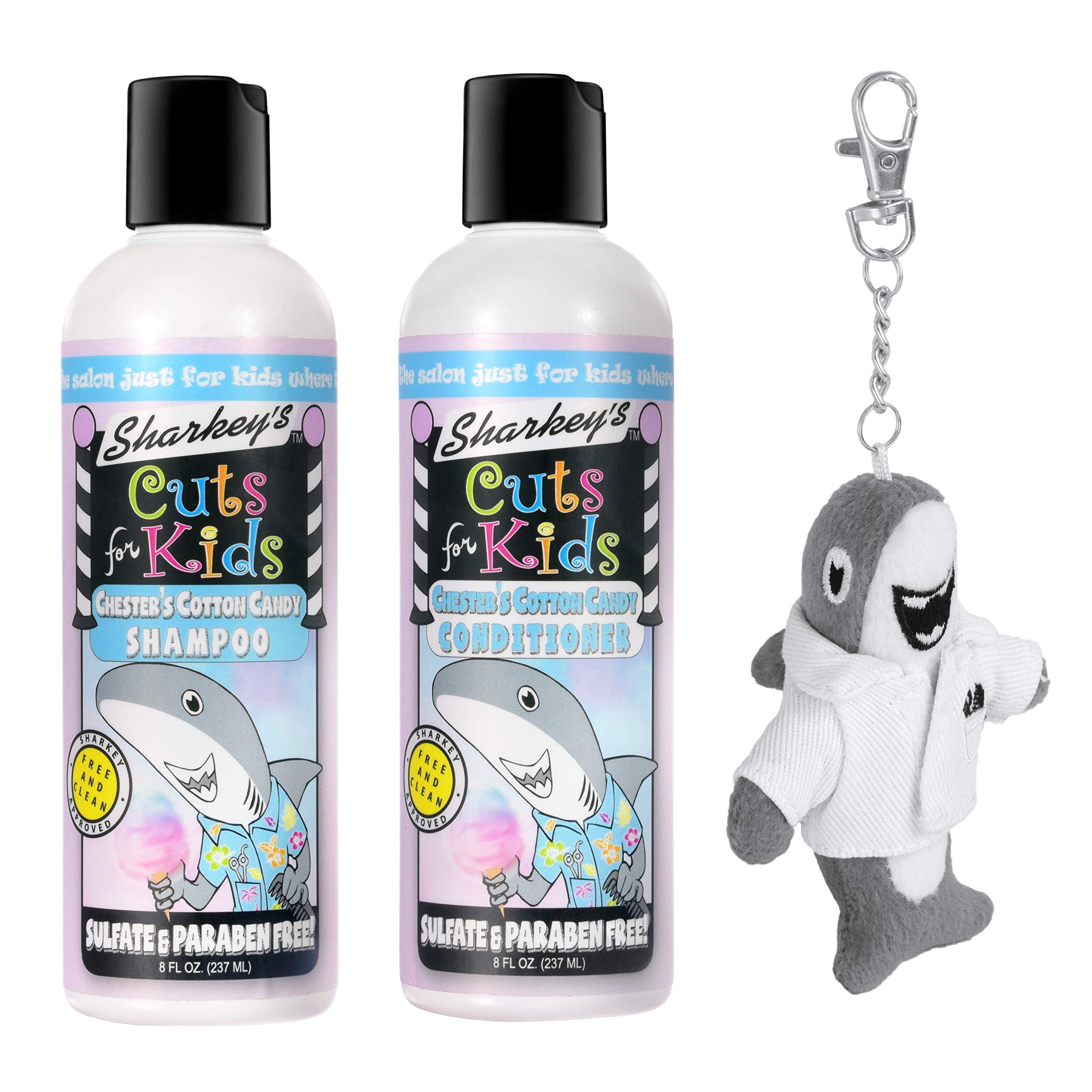 Sharkey's Cotton Candy Scented Kids Shampoo & Conditioner Set with Baby Shark Plush Backpack Clip or Lunchbox Clip - Sulfate & Paraben Free for Gentle Hair Care - Perfect for School, Travel & Daily Bath Time Fun