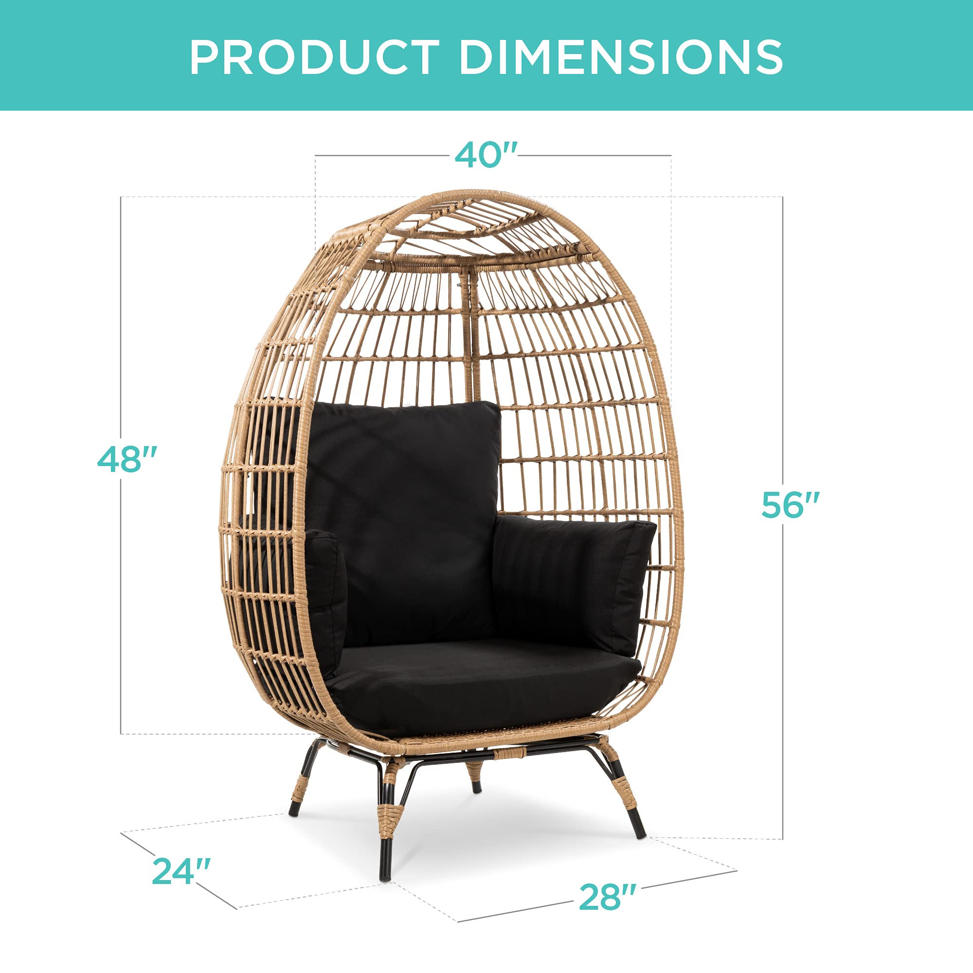 Best Choice Products Oversized Wicker Egg Chair - Indoor/Outdoor Hanging Lounge Chair with 4 Cushions & Steel Frame (440lb Capacity, Black) - Perfect for Patio, Backyard, Living Room & Relaxation Spaces