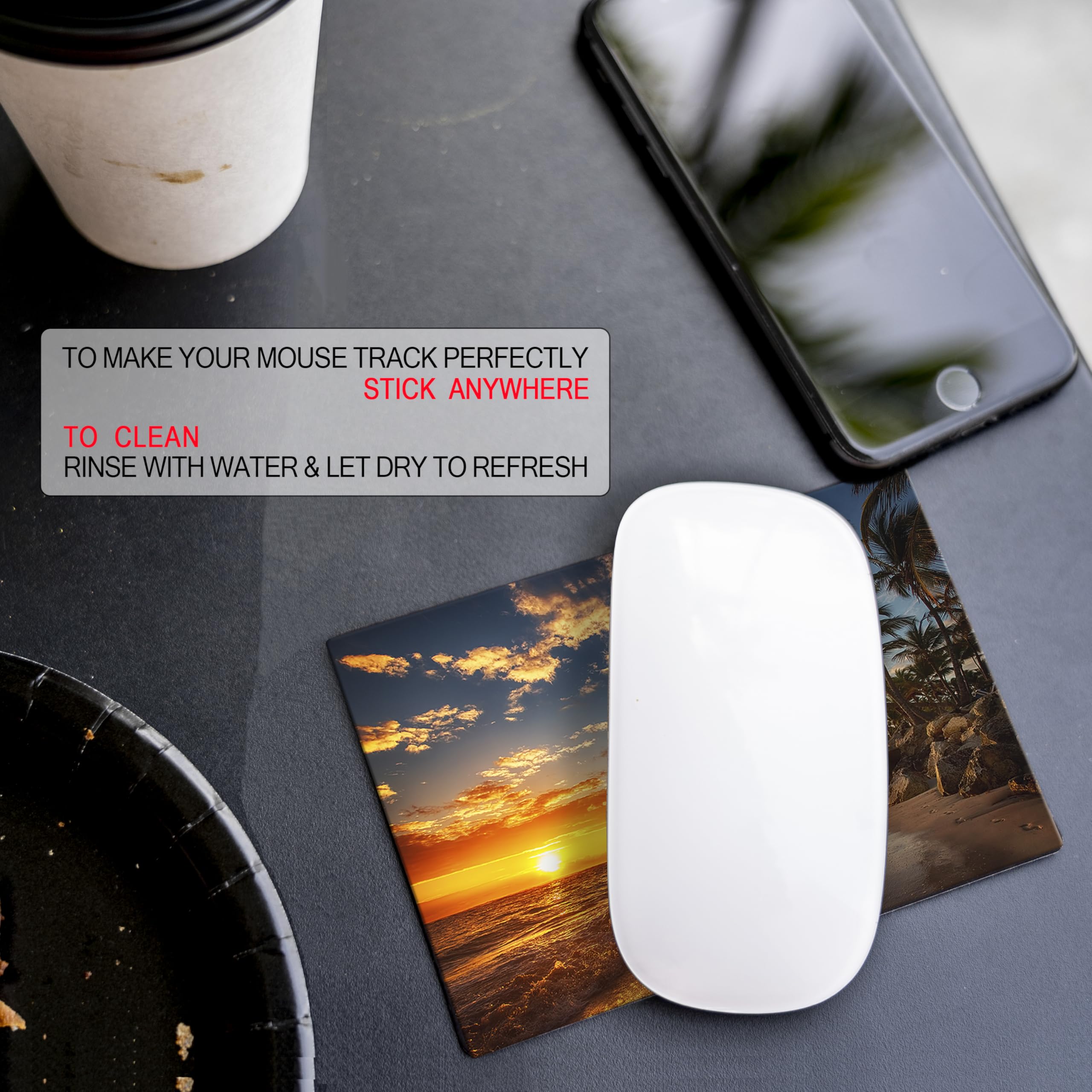 Non-Slip Mouse Pad with Adhesive Bottom - Sticks to Any Surface, Portable & Includes Webcam Cover + Screen Cleaner (2-Pack Beach Set) - Perfect for Office, Gaming & Travel Use