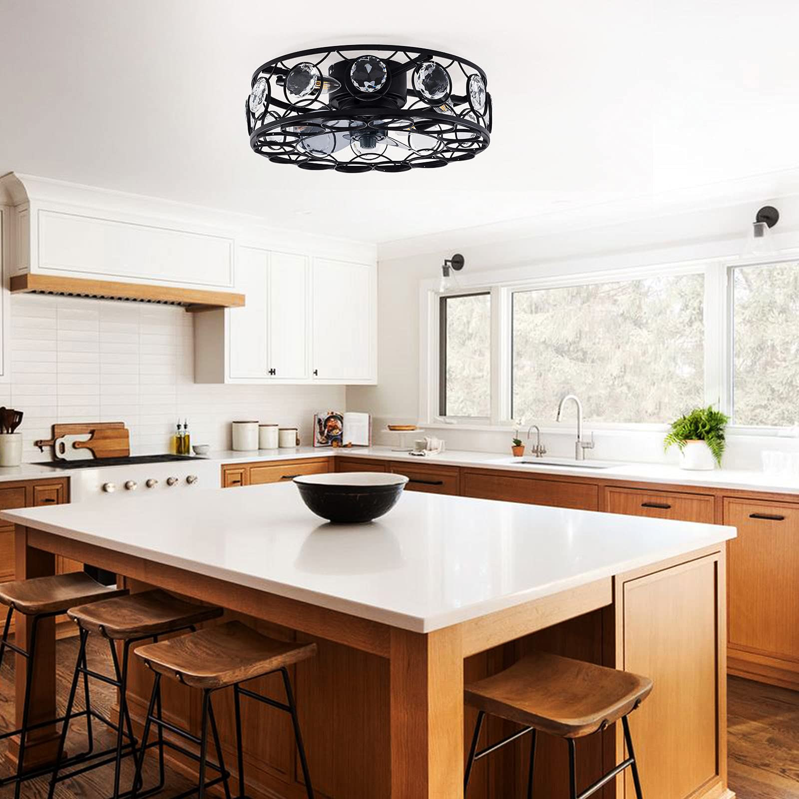 OUKANING Black Enclosed Ceiling Fan with Light - 3 Speed Adjustable Remote Control, Low Profile Industrial Ceiling Fan for Living Room, Bedroom, Kitchen - Perfect for Home Cooling and Stylish Interior Lighting