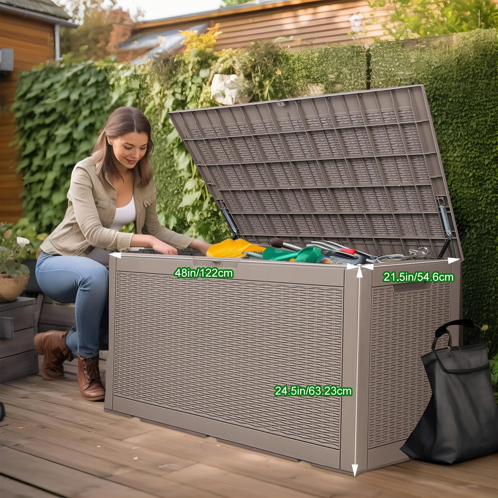 100 Gallon Resin Deck Box with Lock - Waterproof Outdoor Storage for Patio Furniture, Garden Tools & Equipment | Durable Light Brown Deck Storage for Backyard, Poolside & Garden Organization