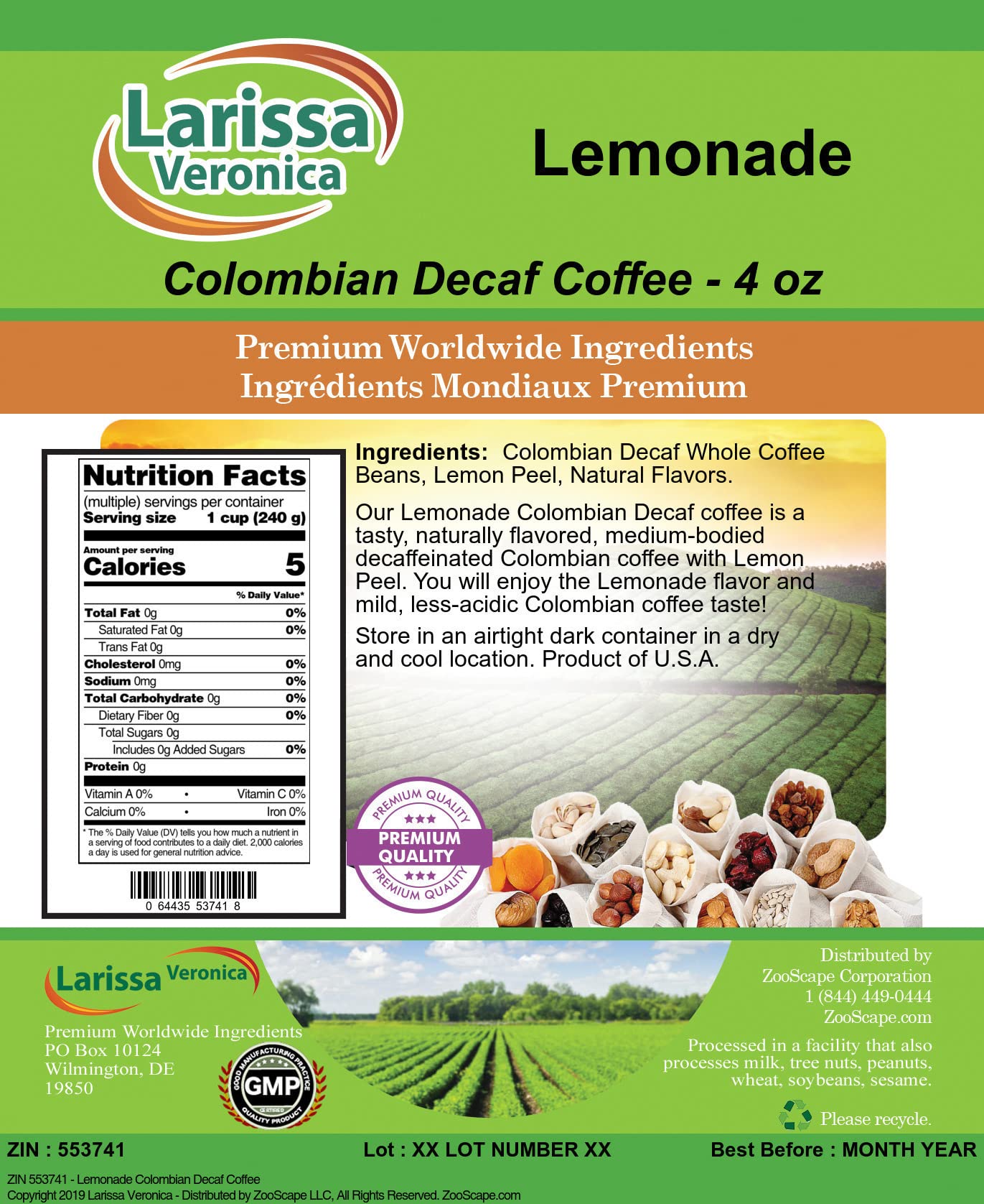 Premium Colombian Decaf Coffee Beans - Naturally Flavored Gourmet Lemonade Coffee - 4 oz Whole Bean Coffee for Cold Brew & Iced Coffee - ZIN: 553741