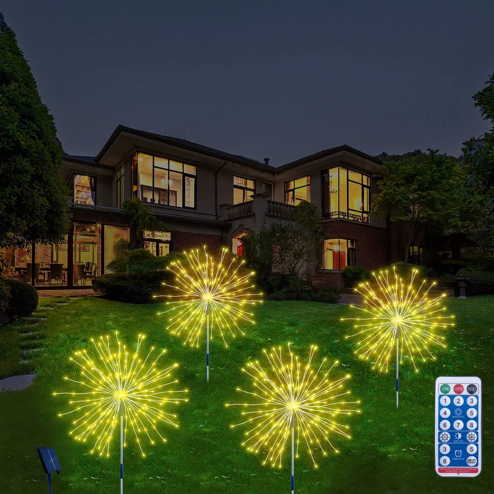 MINIRICE Solar Fireworks Lights Outdoor Waterproof - 4 Pack Solar Garden Lights with 8 Lighting Modes & Remote Control, 480 LED Starburst Fairy Lights for Patio, Party, Yard Decoration - Perfect for Garden, Wedding, Christmas & Outdoor Events