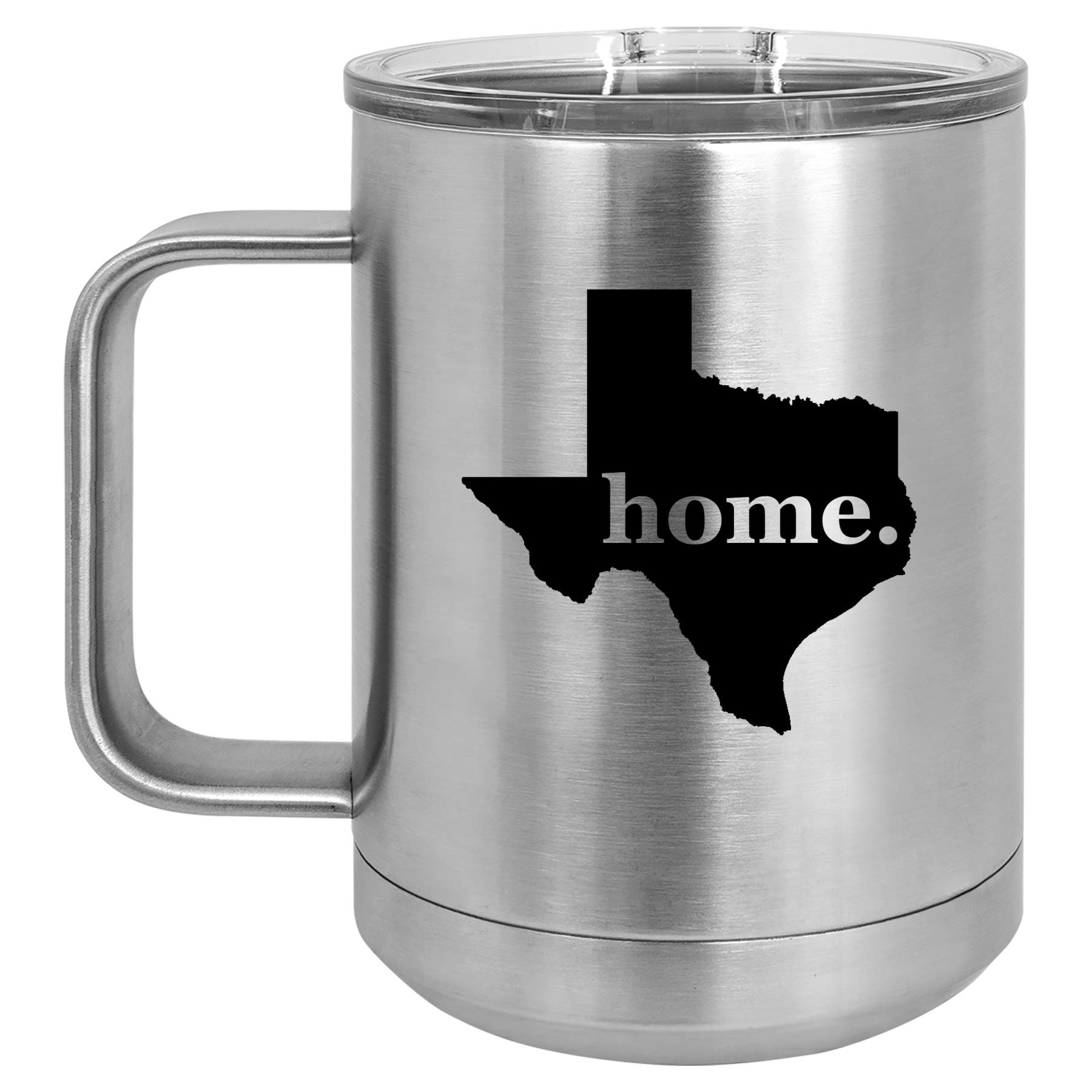 15 oz Vacuum Insulated Stainless Steel Tumbler with Handle & Lid - Leakproof Travel Coffee Mug - Keeps Drinks Hot/Cold for Hours - Perfect for Office, Commuting & Outdoor Activities (Silver, Texas Home Design)