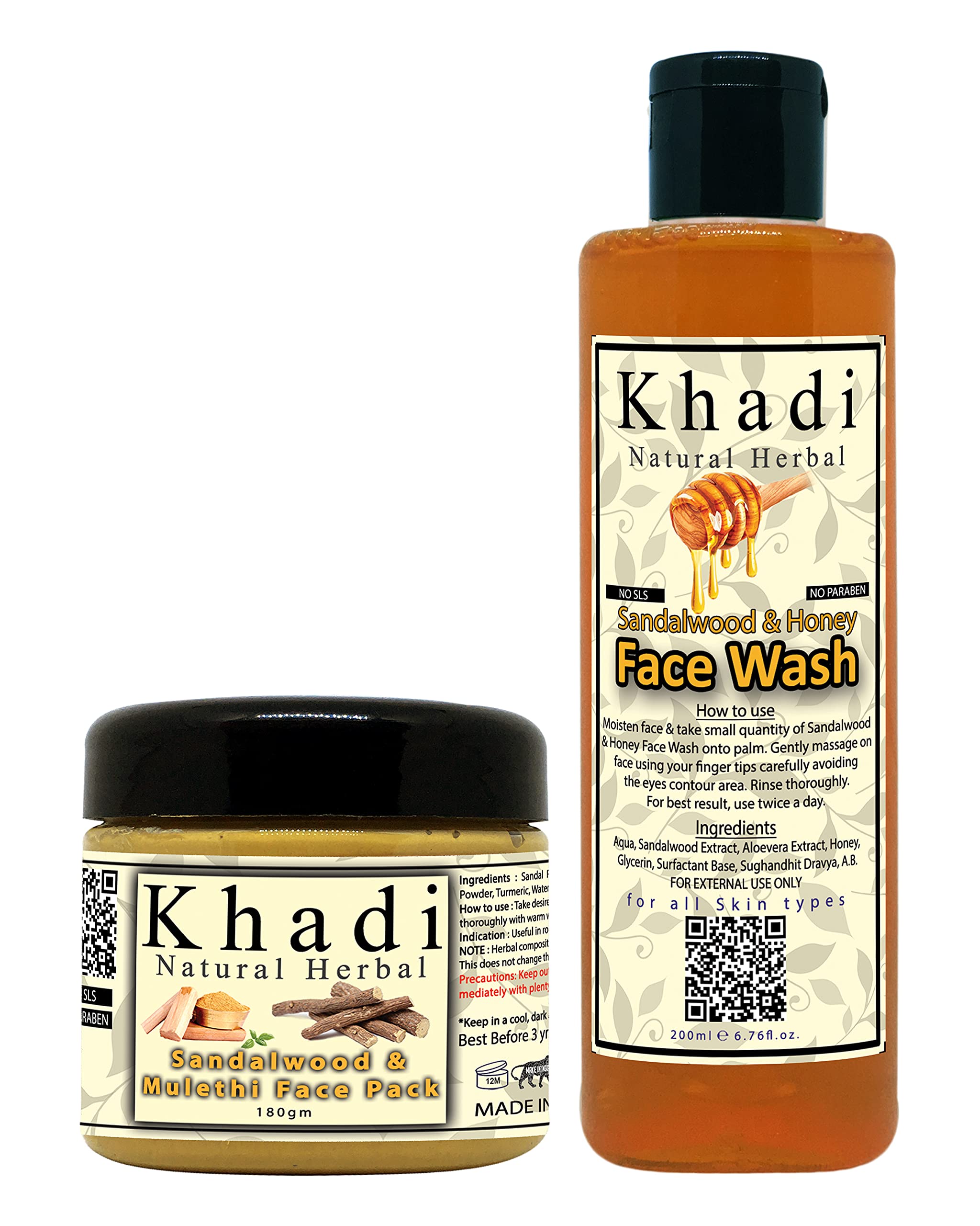 Khadi Natural Herbal Sandalwood & Mulethi Face Mask with Honey Face Wash Combo - Organic Skincare Set for Glowing Skin | Daily Cleansing & Nourishing Routine