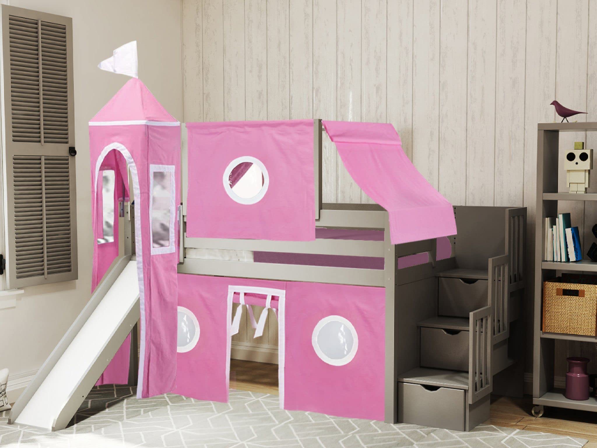 Princess Low Loft Stairway Bed with Slide - Pink & White Tent & Tower Twin Loft Bed in Gray | Perfect for Kids' Bedroom & Playroom
