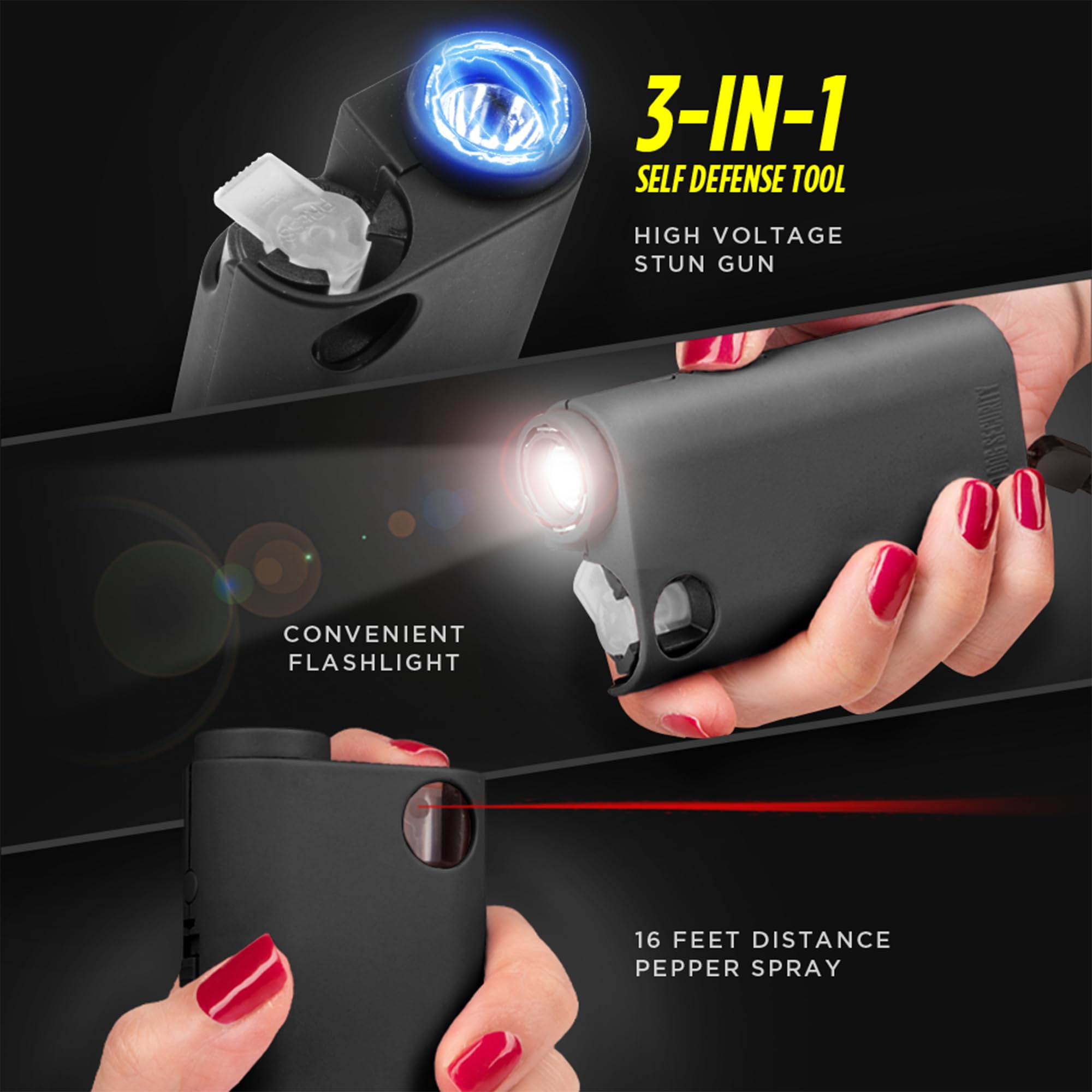 Self Defense Kit for Women - 3-in-1 Stun Gun & Pepper Spray Combo with 175 Lumens Flashlight, 1.44 MC Formulation, 16ft Range, Rechargeable USB Battery - Perfect for Night Jogging, Parking Lot Safety & Personal Protection
